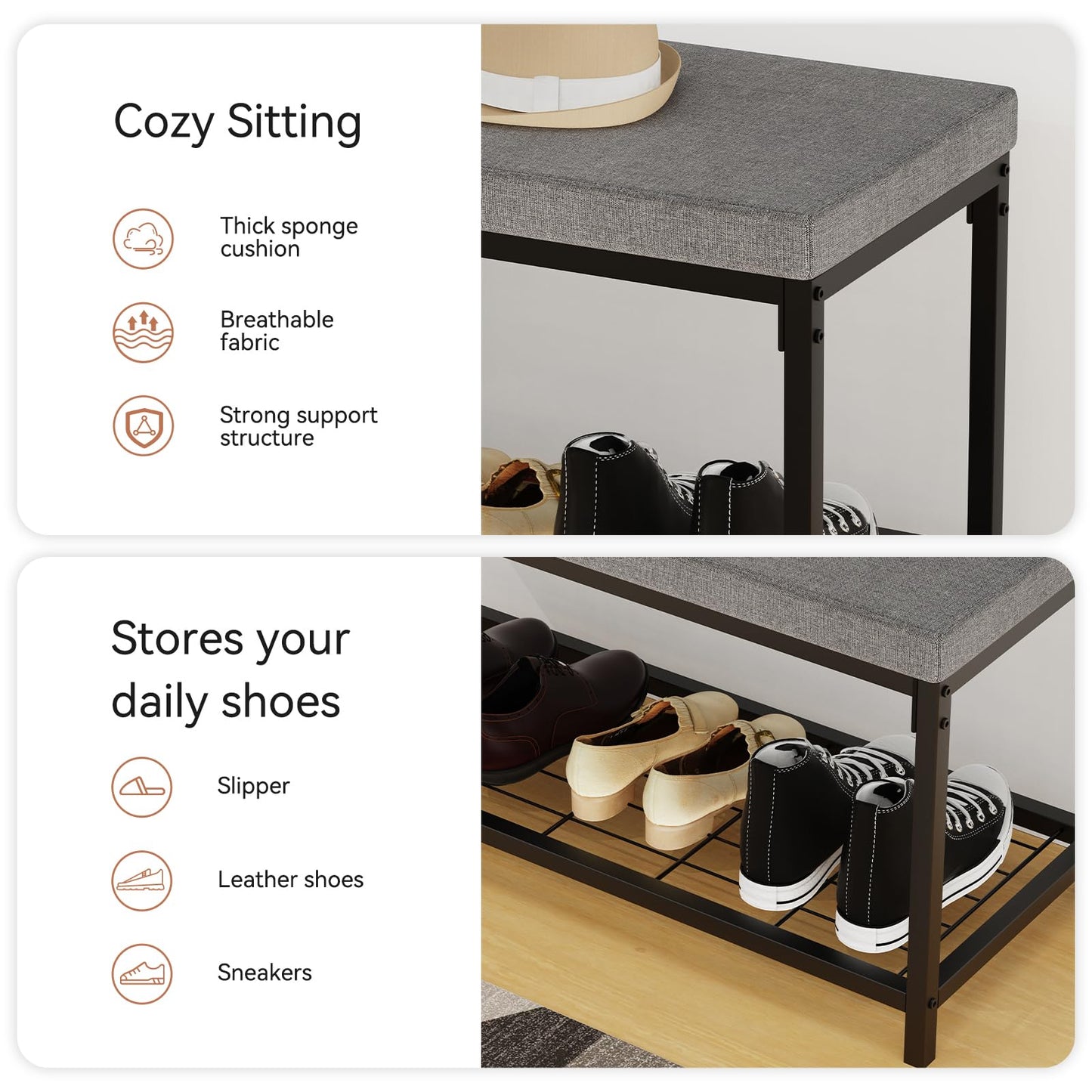 Masigle Shoe Bench, Entryway Bench with Cushion Seat, Shoe Rack Bench with Storage, Modern Style, Holds Up to 350 lb, for Living Room, Bedroom, Hallway, Grey