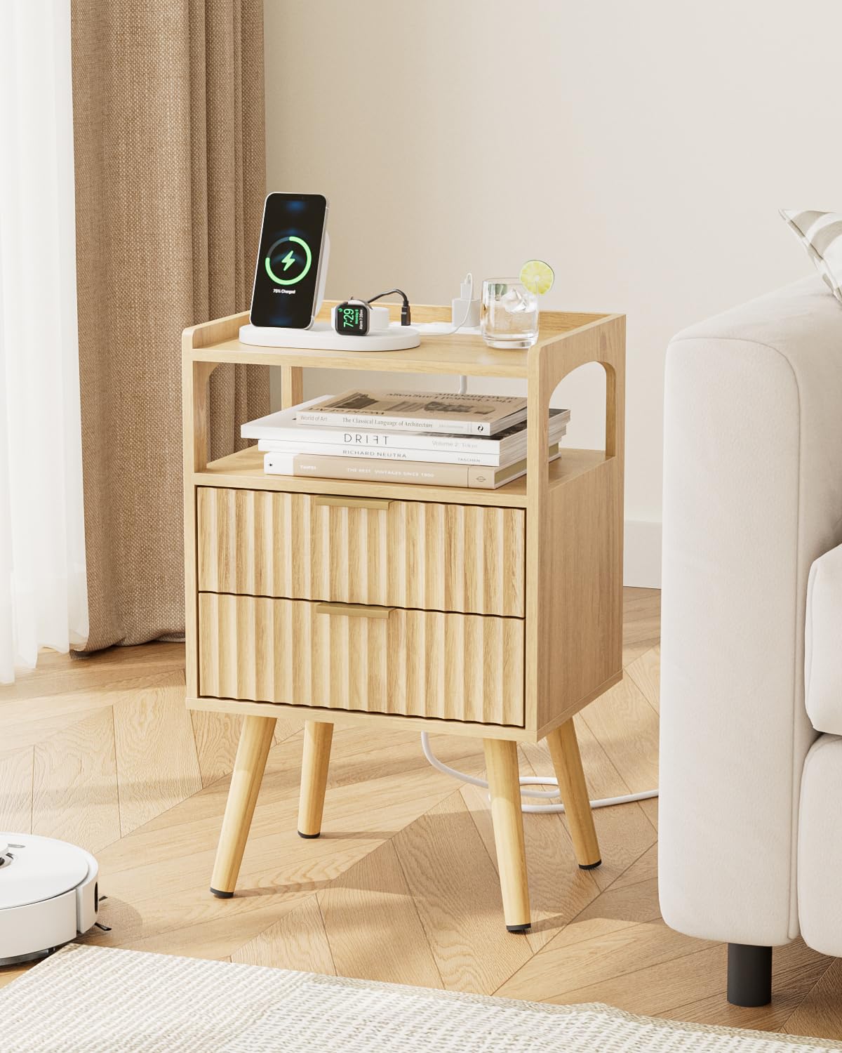 AEPOALUA Nightstand with Charging Station and LED Lights,Modern Bedside Table with 2Drawer and Open Shelf,Oak Night Stand with Solid Wood Legs,End Table for Living Room、Bedroom and Small Spaces