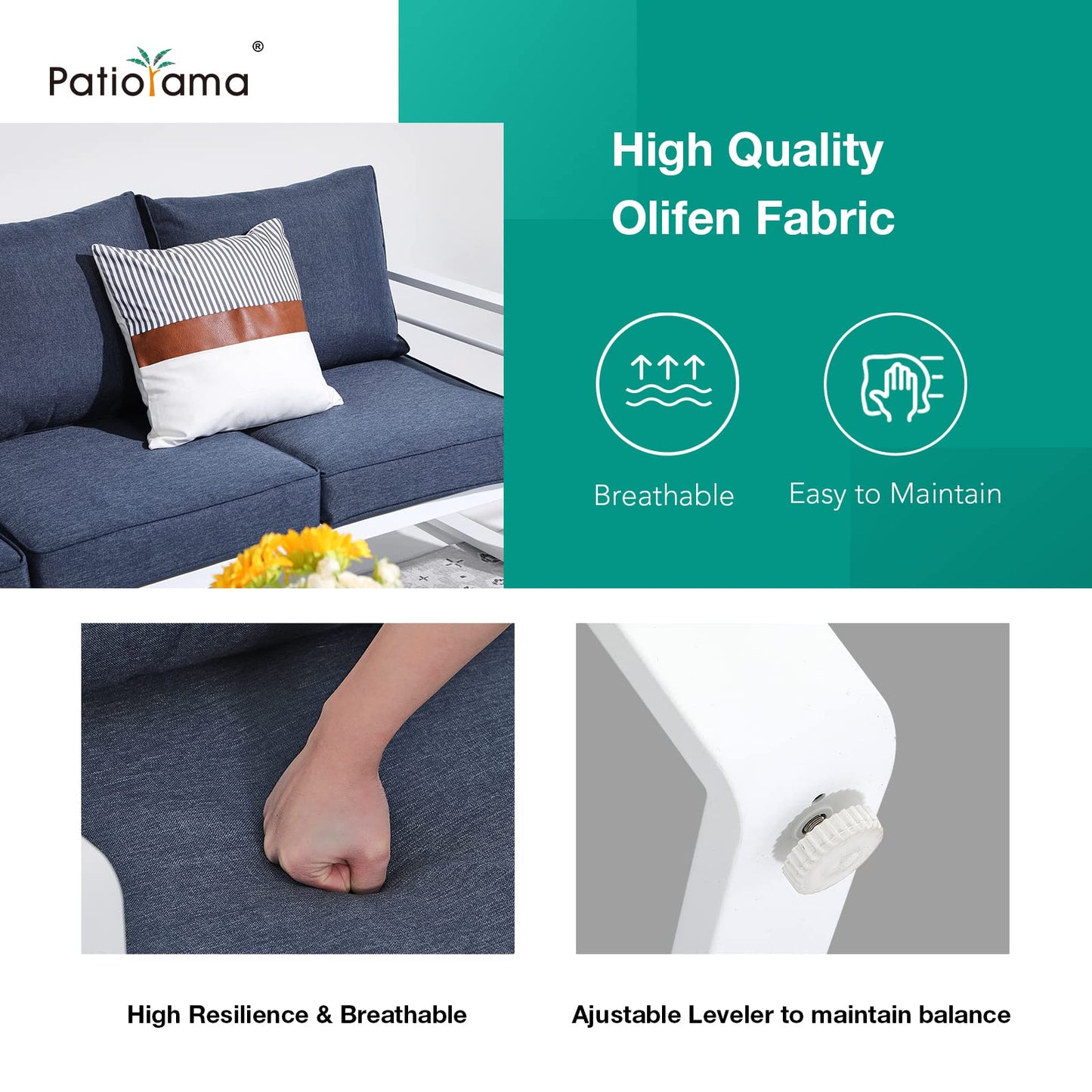 Patiorama Aluminum Patio Furniture Set, 5 PCS Modern Patio Conversation Set, All Weather White Outdoor Sectional Sofa Set w/Coffee Table, Patio Seating Set, Olefin Cushion, Garden-Blue Cushion