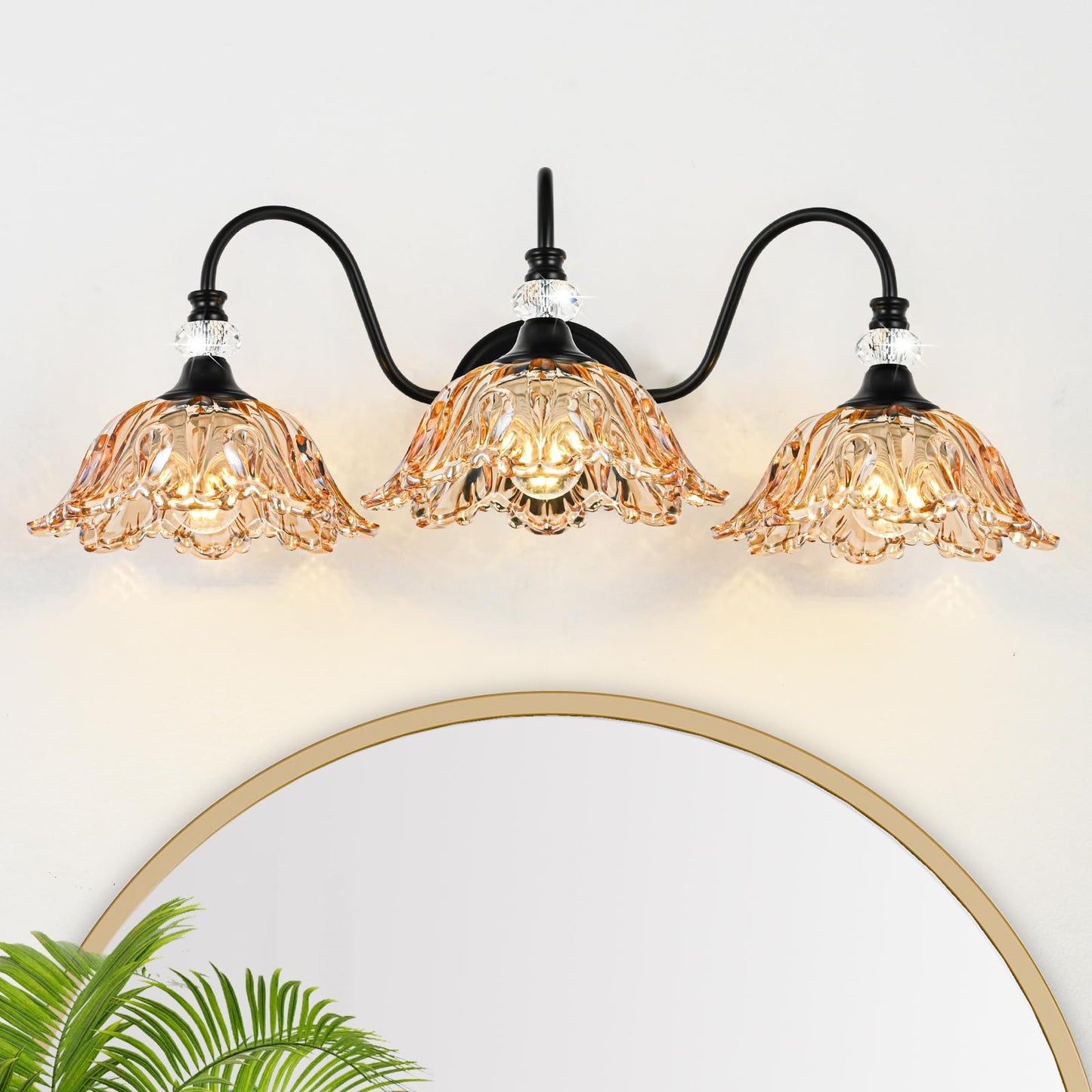 sunkryster Black Bathroom Vanity Light,3-Light Vanity Light with Floral Amber Glass Shades,Vintage Farmhouse Wall Mount Lighting for Bathroom, Dressing Table