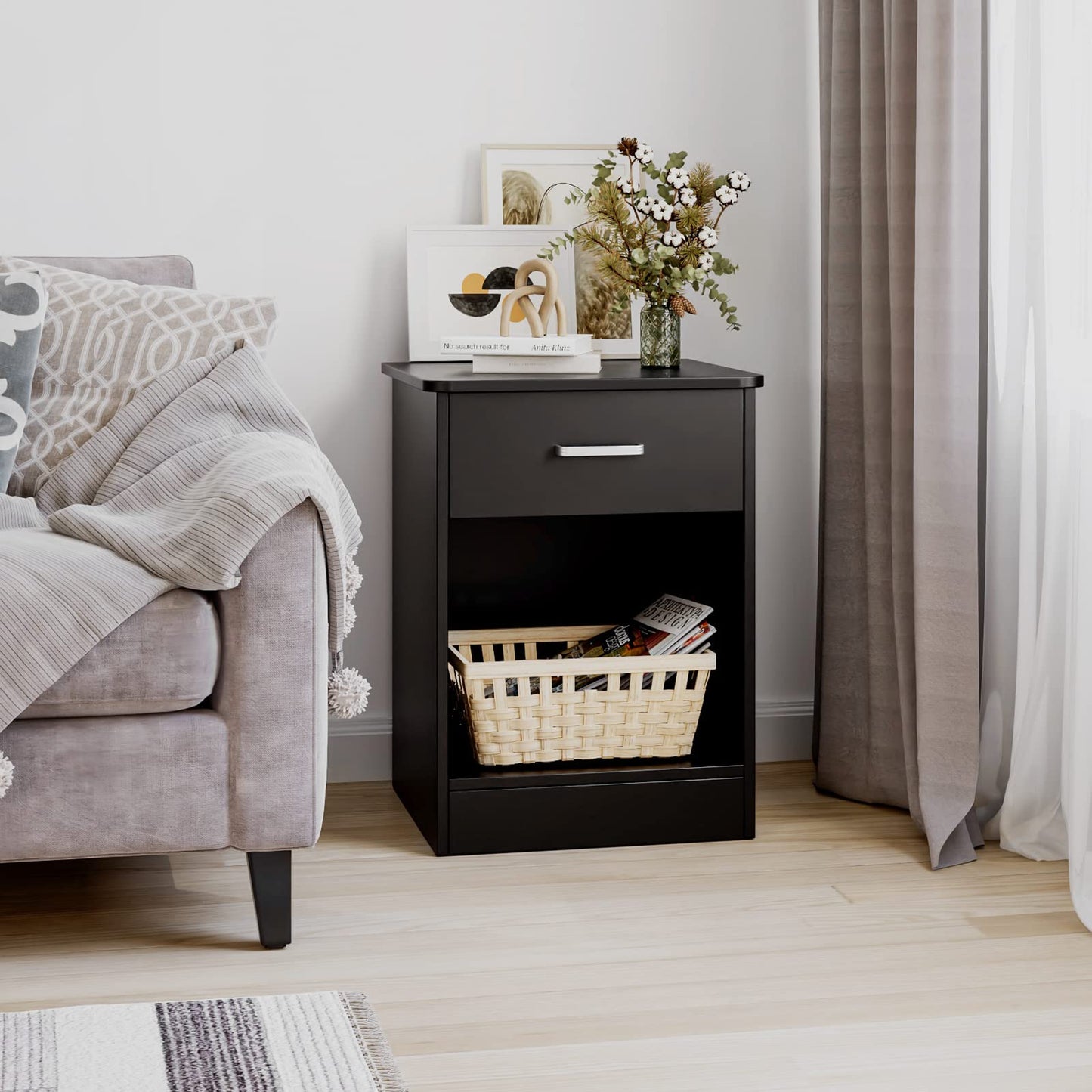 FOTOSOK Nightstand, Set of 2, 2-Tier Side Table with Drawer and Storage Shelf, Bedside Table End Table, Modern Night Stand for Bedroom, Home Office,Black