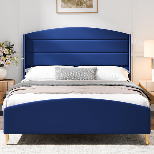 Cozy Castle Queen Size Bed Frame 50.4" High Wingback Headboard Velvet Upholstered Bed/No Box Spring Required/Wood Slat Support/Easy Assembly (Navy Blue)
