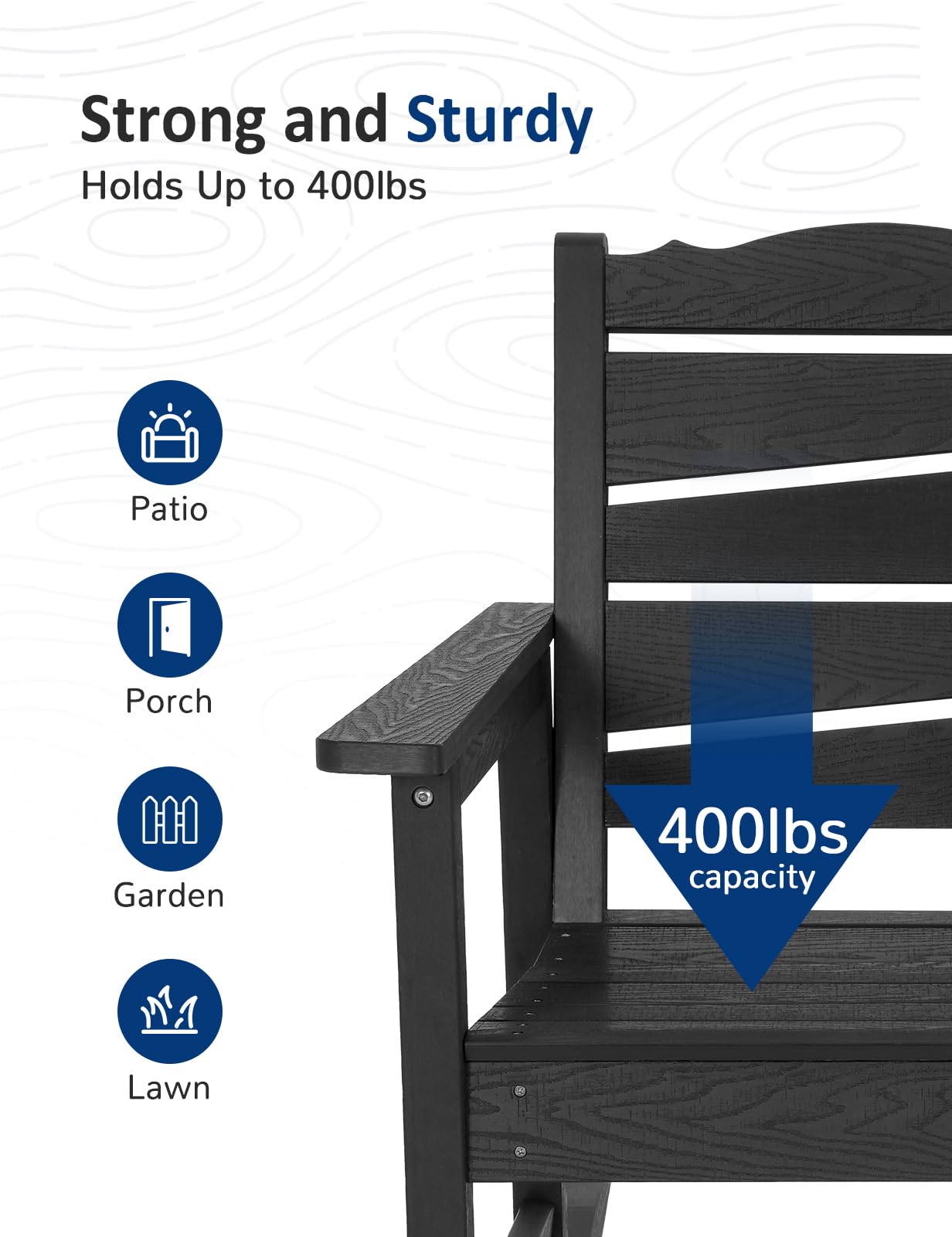 LAHAAP Weatherproof Patio Rocking Chair, HIPS Outdoor Rocking Chair for Adults, 400LBS Support Heavy Duty Porch Rocking Chairs for Garden, Lawn, Backyard, Outdoor and Indoor (Black)