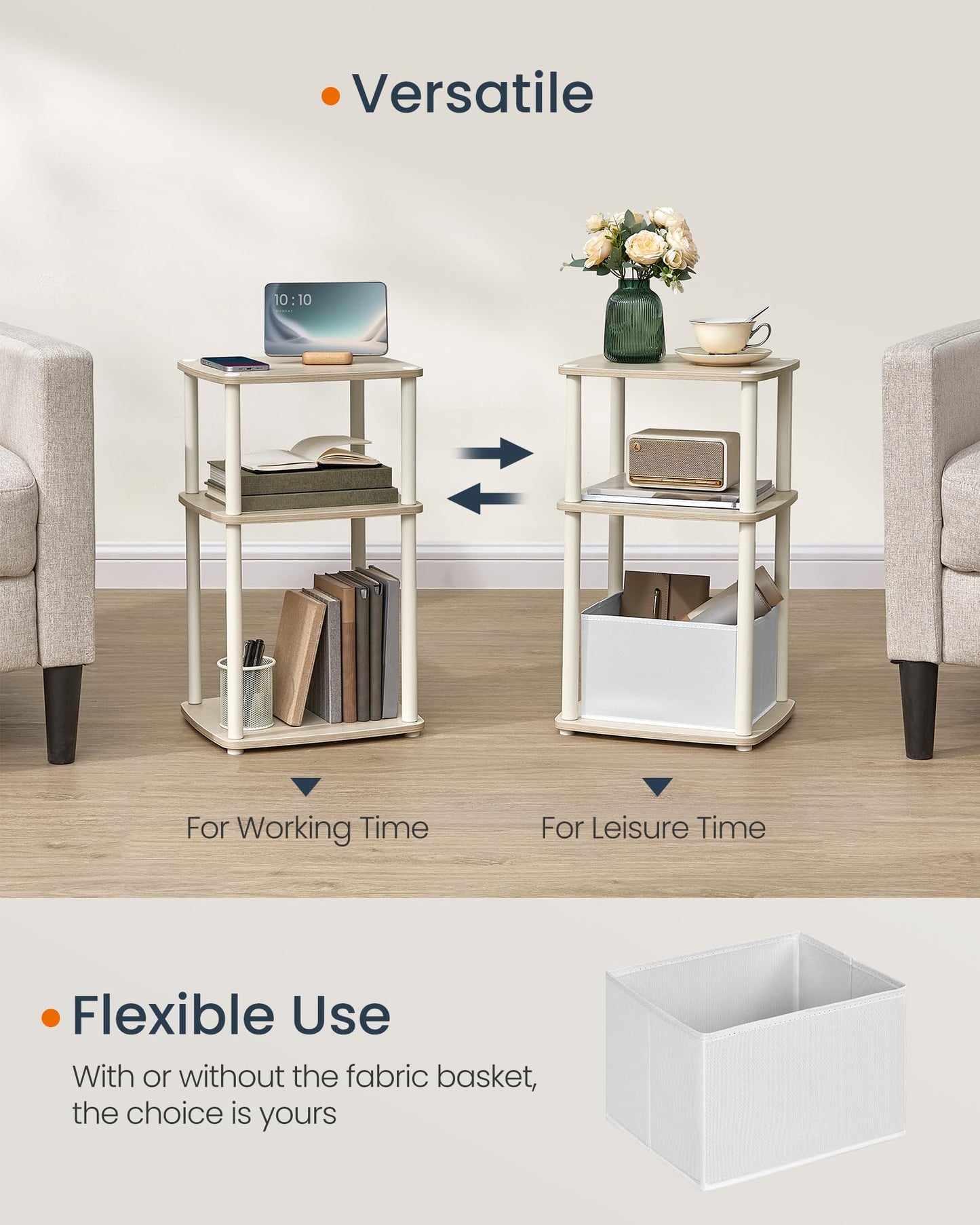 SONGMICS HOME Side Table, 3-Tier Nightstand with Storage, End Table with Fabric Basket, for Bedroom, Living Room, Steel Frame, Superfast Toolless Assembly, Modern, Natural Beige ULET286N01