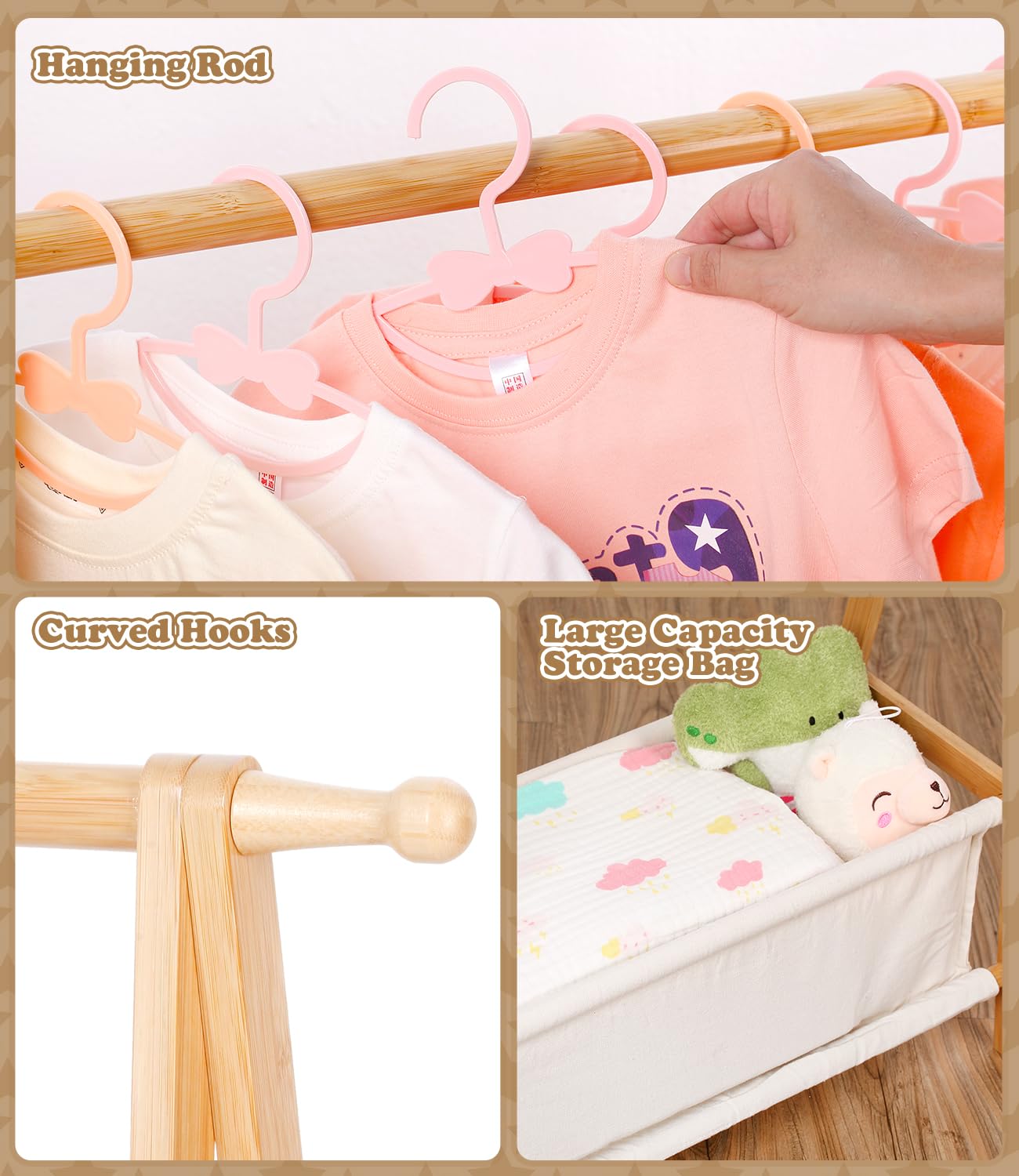 Relquorax Kids Clothing Rack with Storage, Dress Up Rack, Child ClothesRack, Small Garment, for Costume, Bamboo (Natural Color)