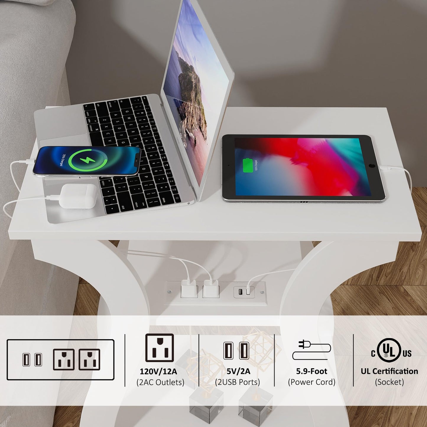 FROMJBEST End Table with Charging Station, Side Table with USB Ports and Outlets, 3 Tier Nightstand Sofa Table for Small Spaces, Beside Table with Storage Shelf for Living Room, Bedroom