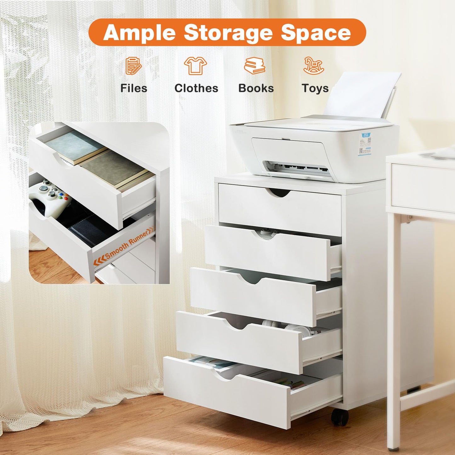 Whitmor 5-Drawer Wood Dresser with Wheels, Mobile Storage Cabinet for Home Office, Small Rolling Chest Organizer for Bedroom, Closet, Under Desk or Room Organization, White