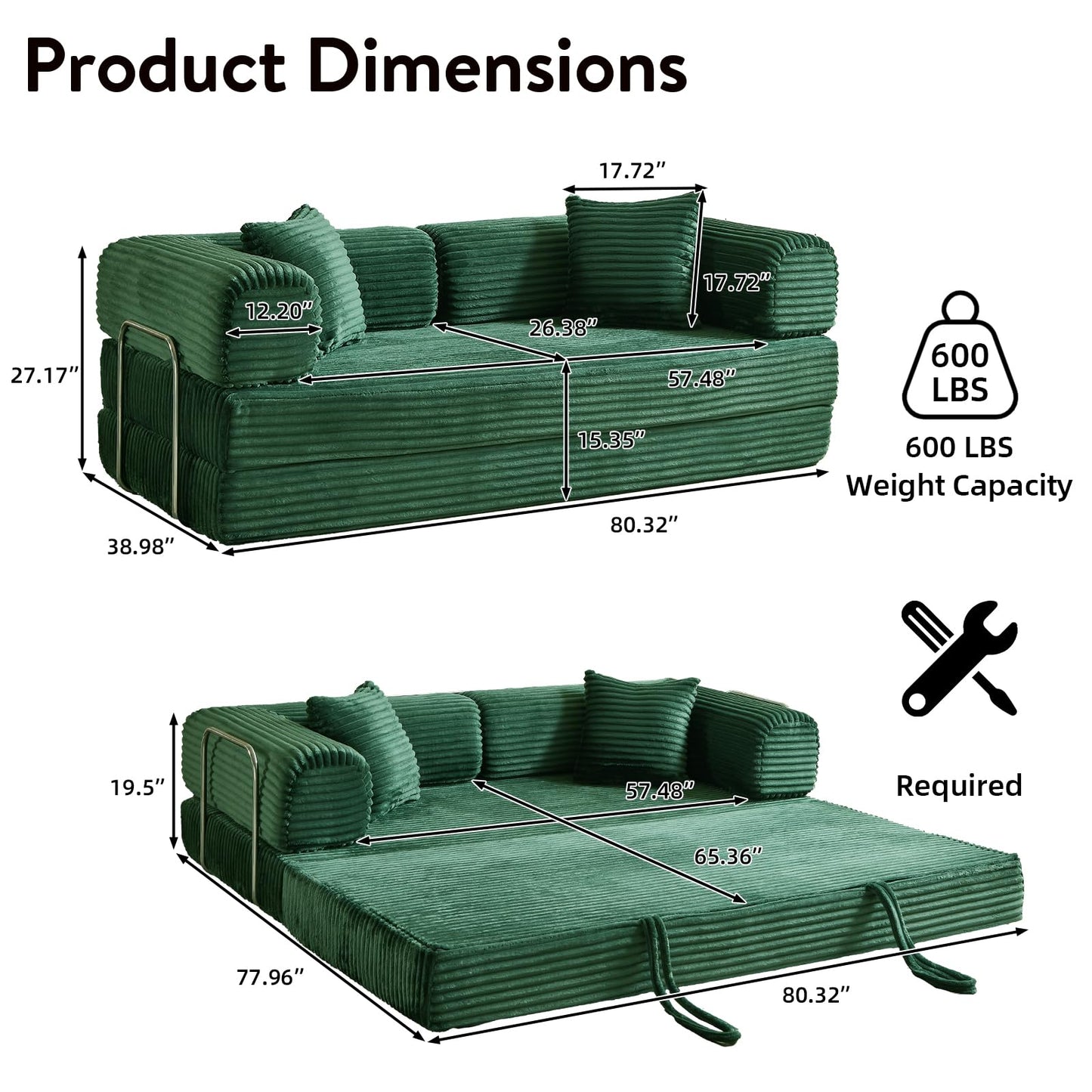 HUAYICUN 4-in-1 Convertible Folding Sleeper Sofa Bed, Plush Corduroy Foldable Mattress Couch with Fixed-Shape Frame, Floor Compressed Sofa for Living Room, Bedroom (Green)
