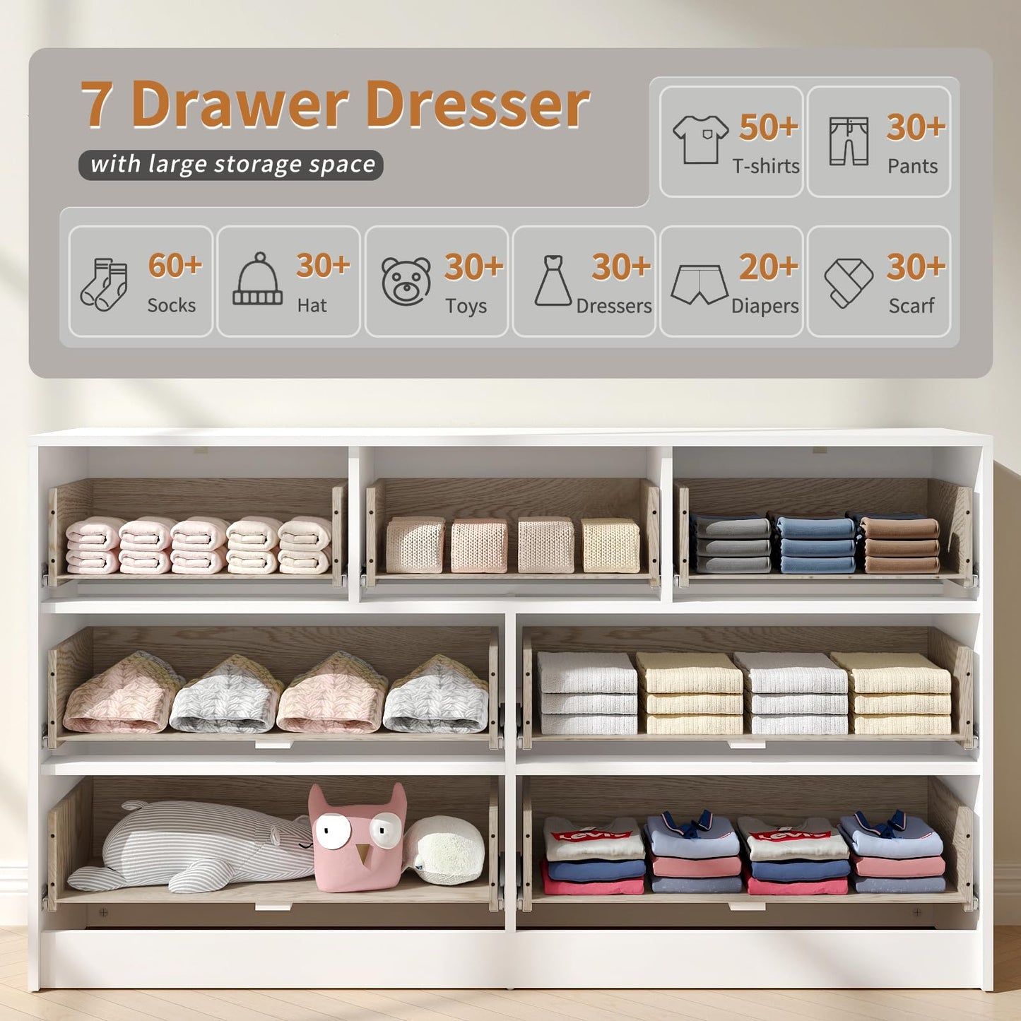 NOVAMAISON White Dresser with 7 Drawer - 55” Wide Fluted Dresser for Bedroom with Metal Handle, Modern Chest of Drawer for Bedroom, Closet, Living Room, White