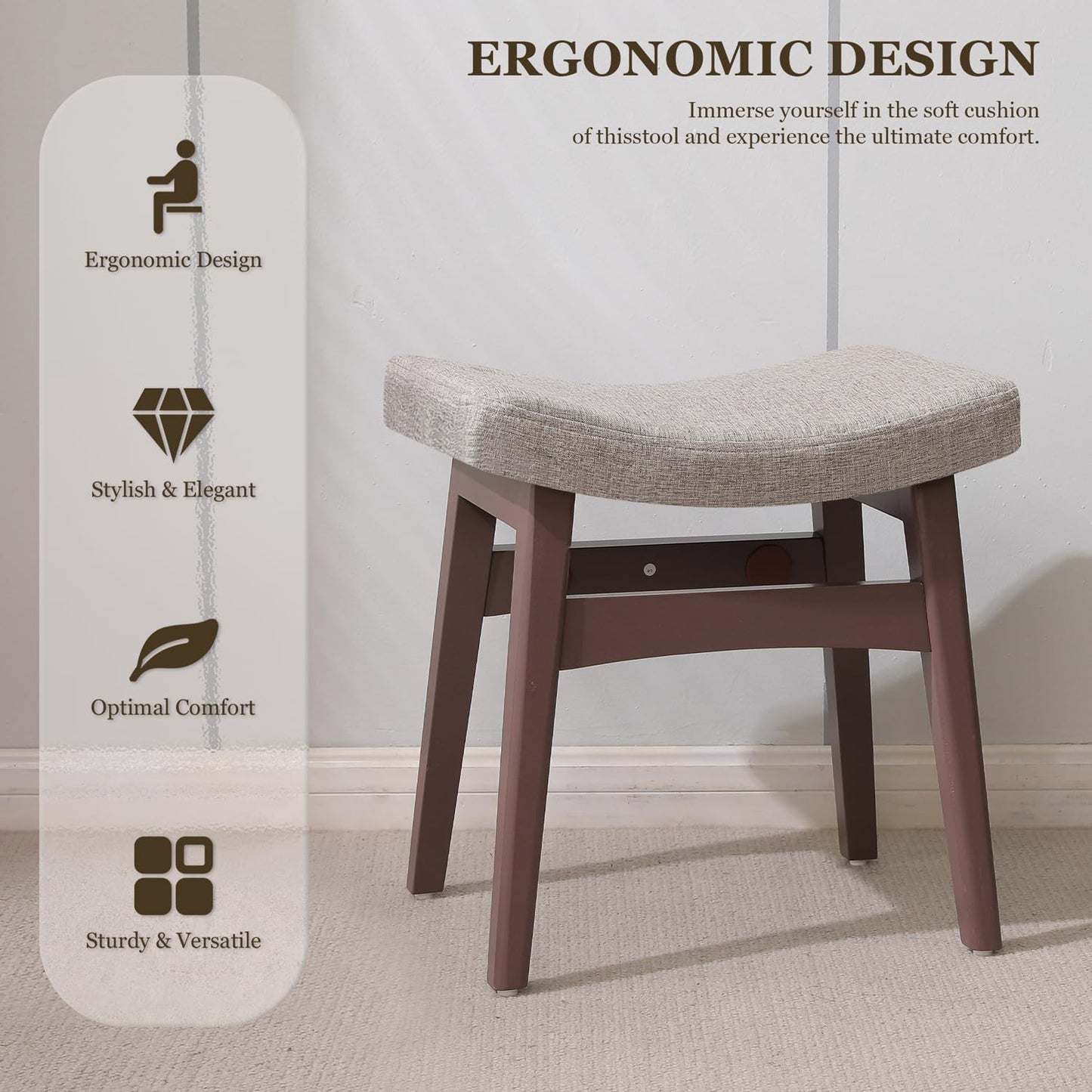 COSTASKF Vanity Stool, Saddle Cushion Foot Stool, Modern Vanity Bench Ottoman with Solid Wood Legs and Upholstered Seat for Entryway, Bedroom,Walnut Color Leg - Linen Colour Fabric Cushion
