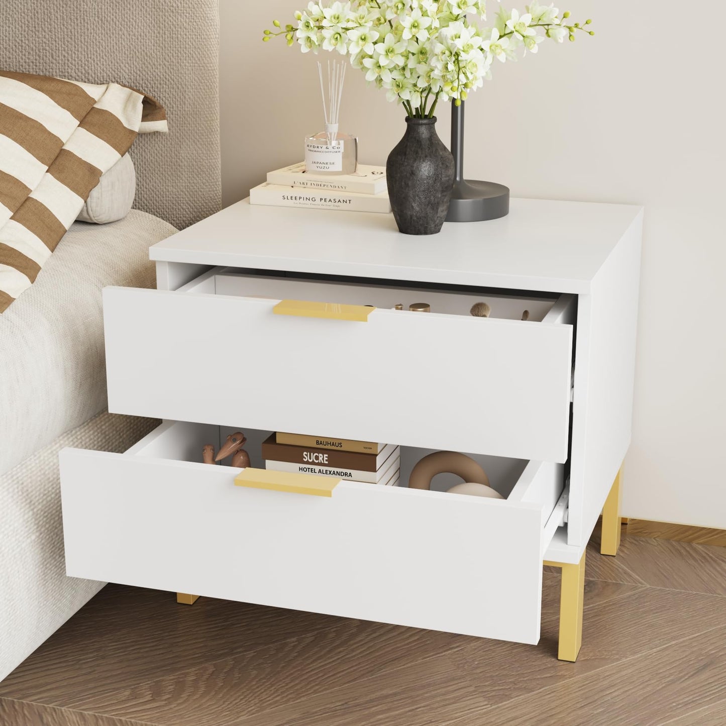 FUNISIR White Nightstand with 2 Drawers, Modern Night Stand Bedside Table with Drawers and Golden Legs, Narrow Bedroom End Table for Small Space, Living Room, 17.9" H