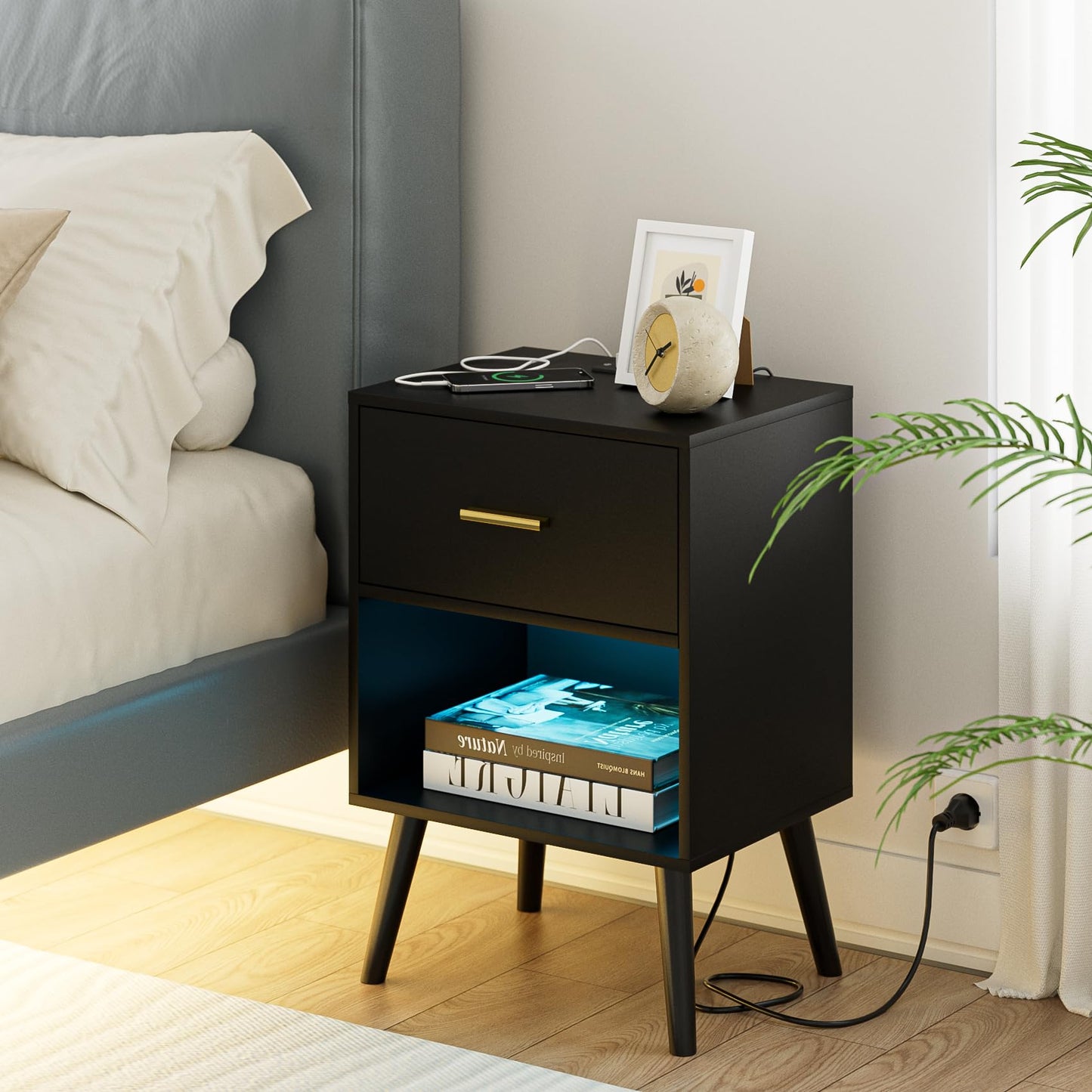 Aienvey Nightstand with Charging Station and LED Lights, Small Side Table, Bedside Table with Drawer, Modern Night Stand, End Table for Bedroom, Living Room (Black)