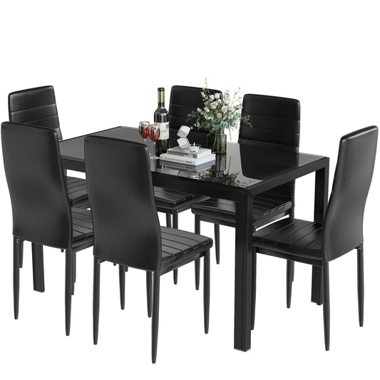 DKLGG 7-Piece Dining Table Set for 6, Tempered Glass Kitchen Table with PU Leather Chairs, Modern Dining Room Table Set for Small Space, Dinette, Apartment, Black