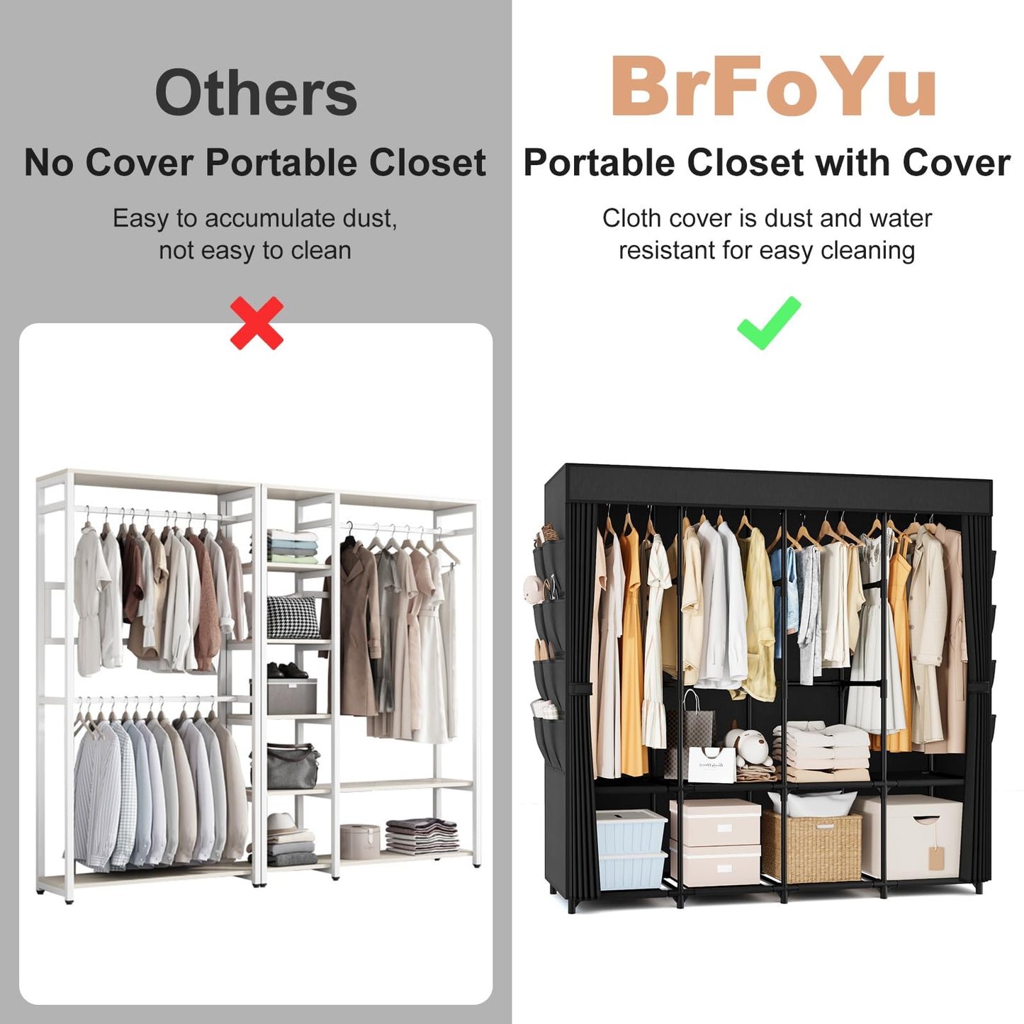 BrFoYu Portable Closet for Hanging Clothes, 67 Inch Wide Portable Wardrobe Closet with Cover, 4 Hanging Rod, Storage Shelves and Side Pockets, Large Free Standing Closet for Bedroom, Black