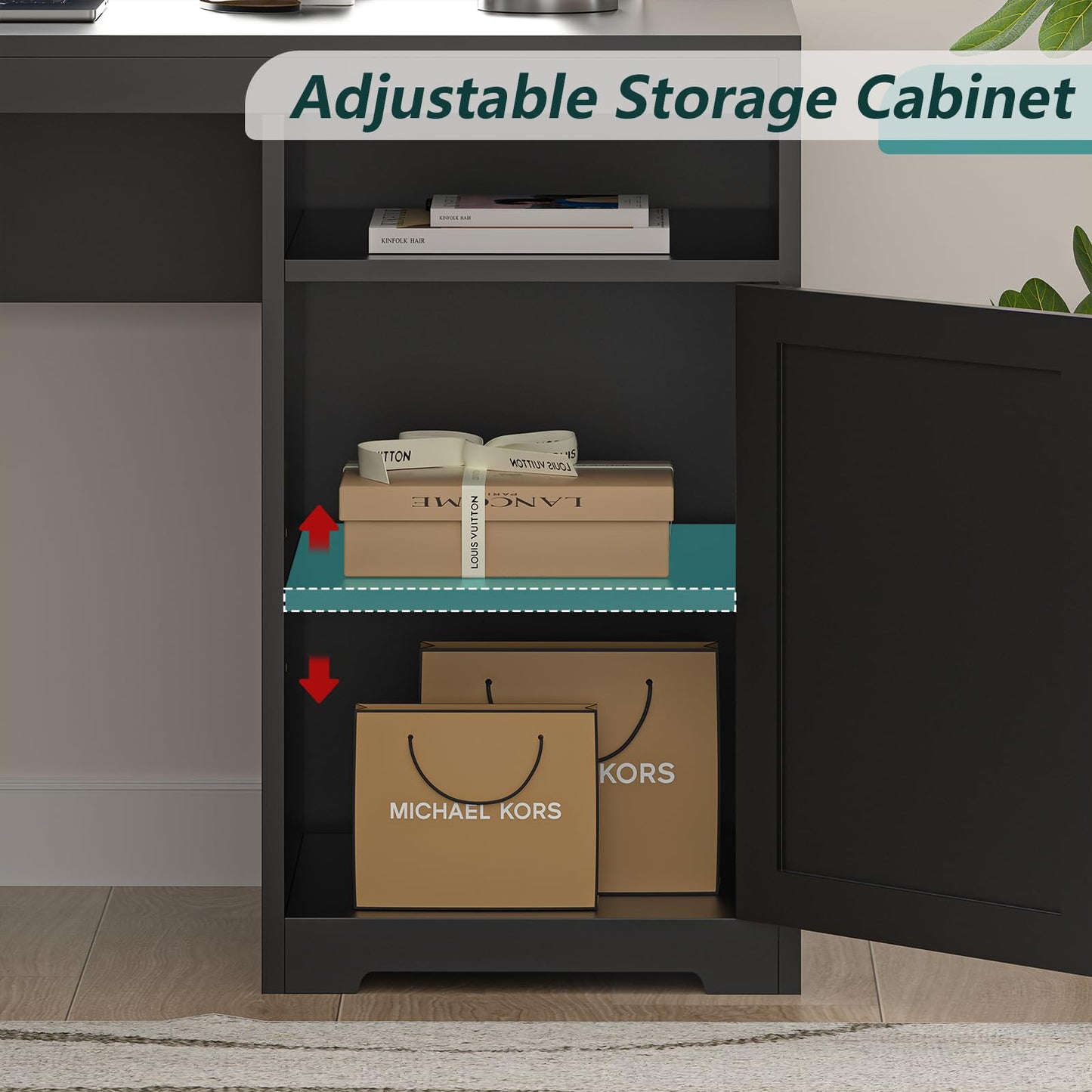 YOMILUVE 63" Farmhouse L Shaped Desk with Drawers & Storage Shelf, Corner Computer Desk with Power Outlets for Home Office, Executive Desk with Monitor Stand, Printer Shelf, Black