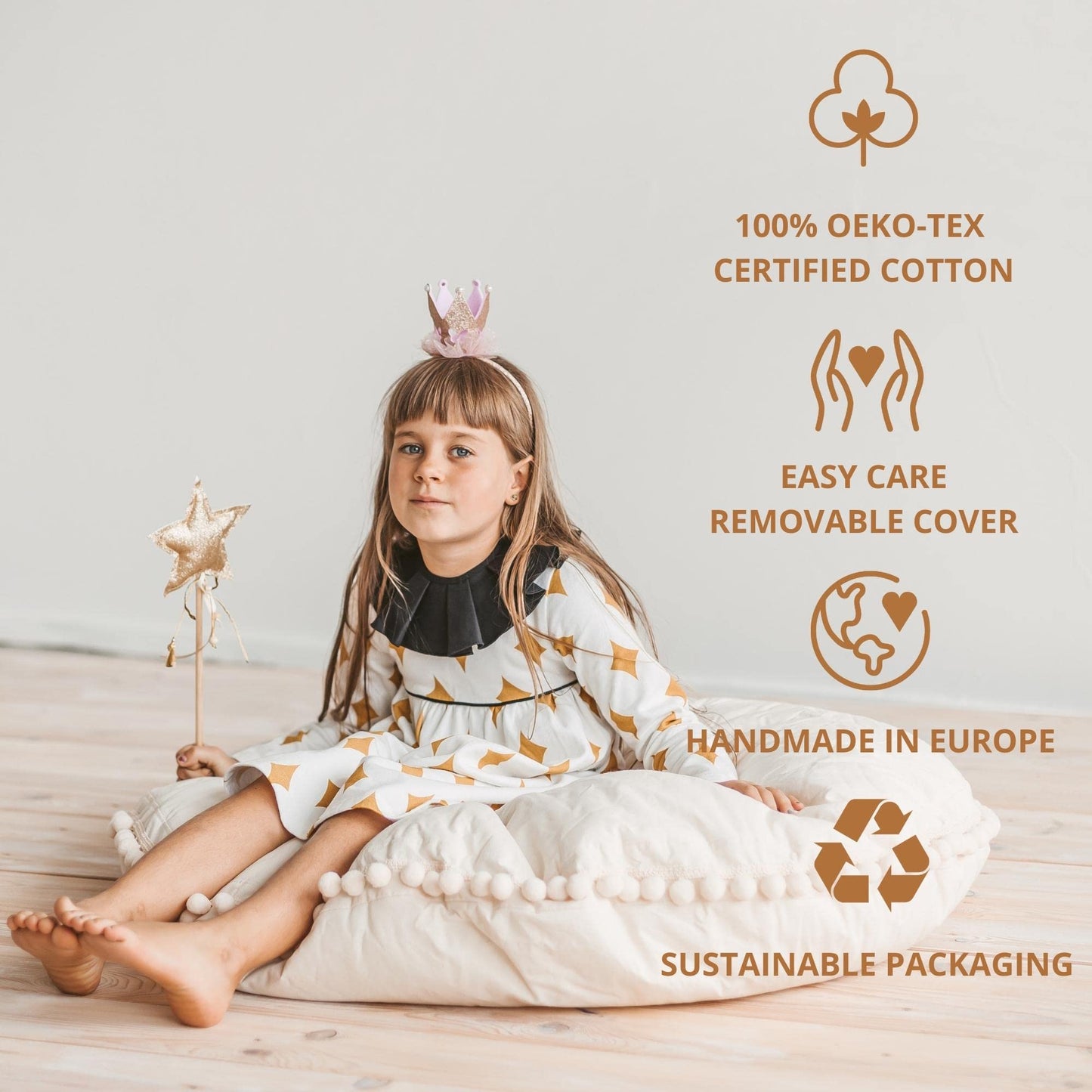 MINICAMP Large Kids Floor Pillow - Ultra-Fluffy Bean Bag Chair with Filler Included & Washable Cover - Cute Floor Lounger, Reading Cushion for Toddlers & Teens - 100% Certified Cotton - 40” Wide!