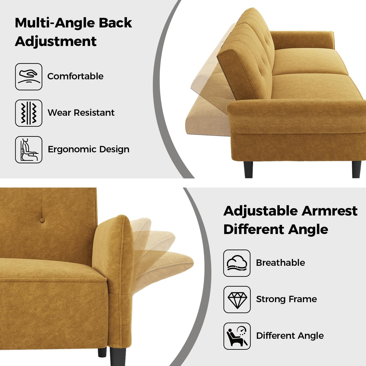 COPIAE 89” Futon Sofa Bed,Comfy Futon Couch Bed with 2 Square Pillows, Convertible Sleeper Sofa with Adjustable Backrest& Armrests, Modern Loveseat Sleeper for Living Room, Bedroom, Yellow