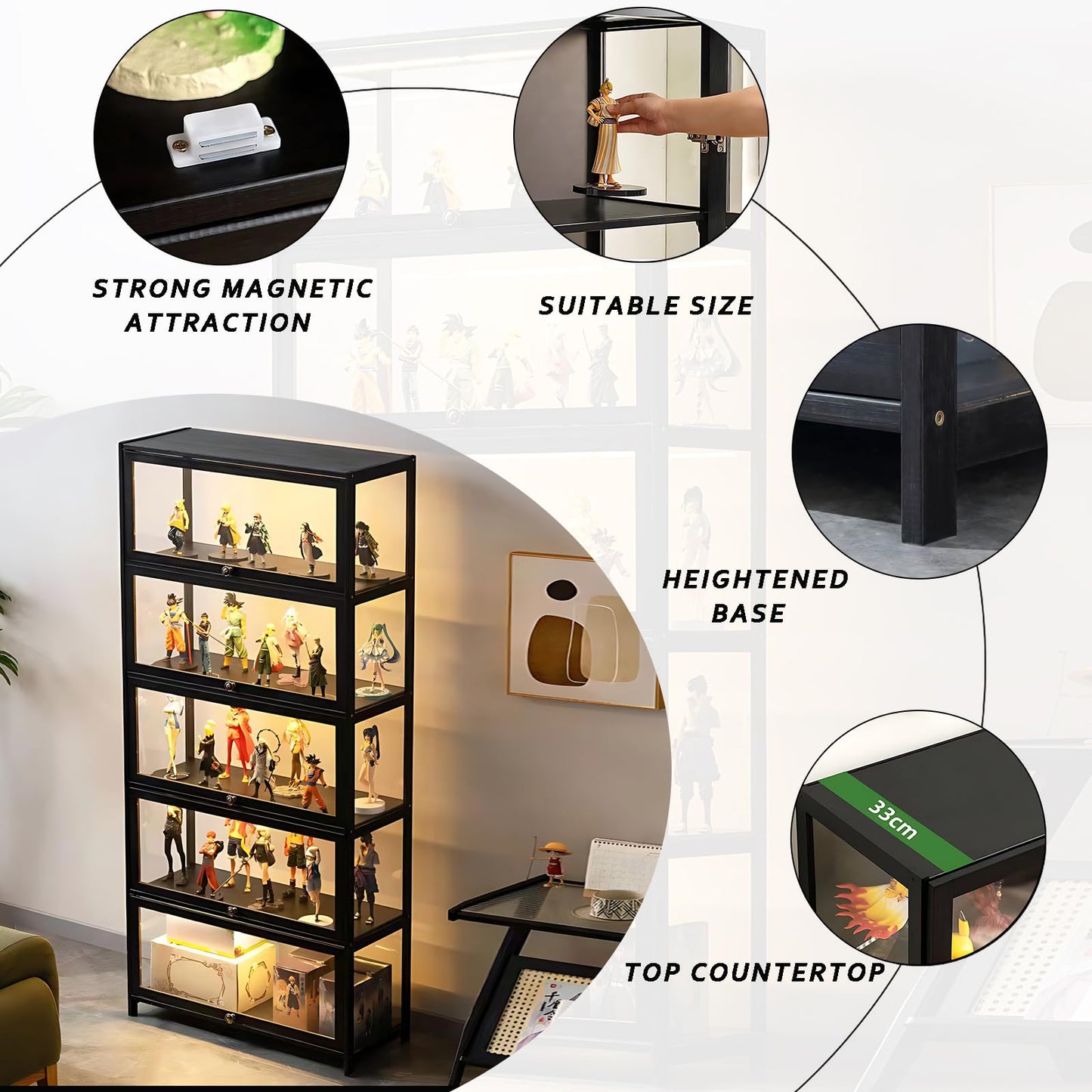 Curio Display Cabinet, 5-Tier Display Case with Acrylic Glass Doors, 67" Tall Transparent Bamboo Curio Display Shelf for Collectibles, Storage Cabinet for Playroom, Bedroom, Office, Living Room, Black