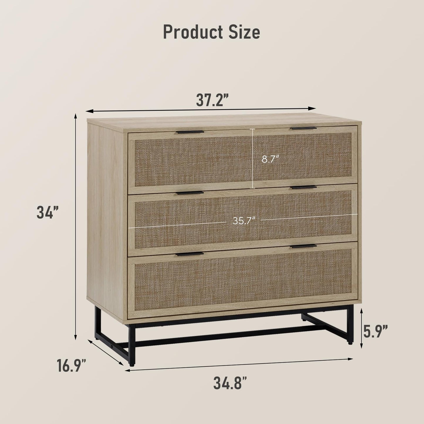 SOLACE FURNITURE Rattan Dresser for Bedroom with 3 Drawer, 37.2" Wide Dresser with Metal Handles, Wood Storage Chest of Drawers for Living Room and Hallway, Natural Oak