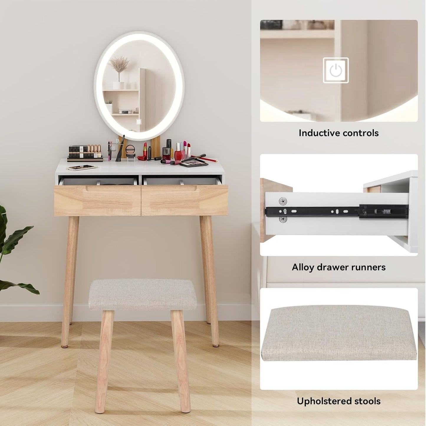 YOURLITE Makeup Vanity Desk with Lights, Small Vanity with Adjustable Brightness Mirror for Small Spaces, Dressing Table with Drawers 27.5", Oval Mirror Wood