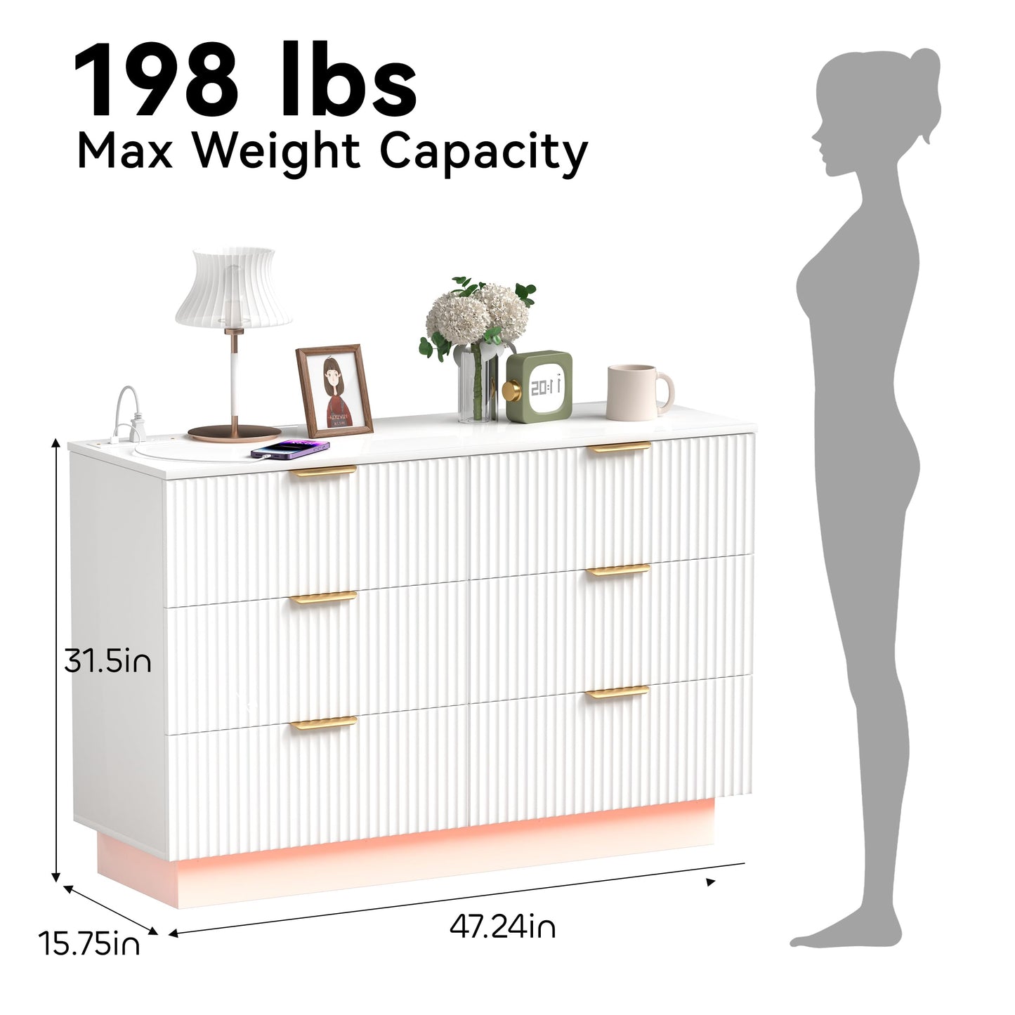 Fluted Dresser for Bedroom with 6 Drawers, 47" Wide Chest of Drawers with LED Light and Charging Station, Wood Drawer Organizer for Bedroom, Living Room, Hallway, Entryway