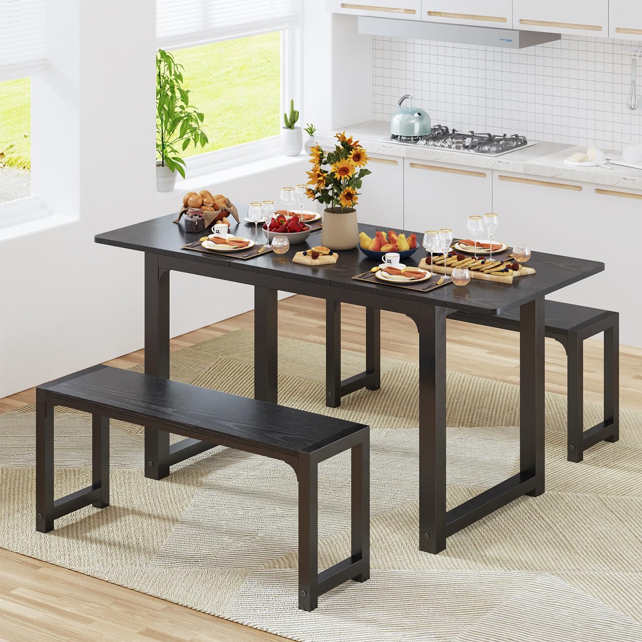 Gizoon 63” Kitchen Table Sets for 4 with 2 Benches Extendable Dining Table Set for 4 with Chairs Dining Room Table and Chairs for Kitchen Apartment Outdoor and Home Office, Black