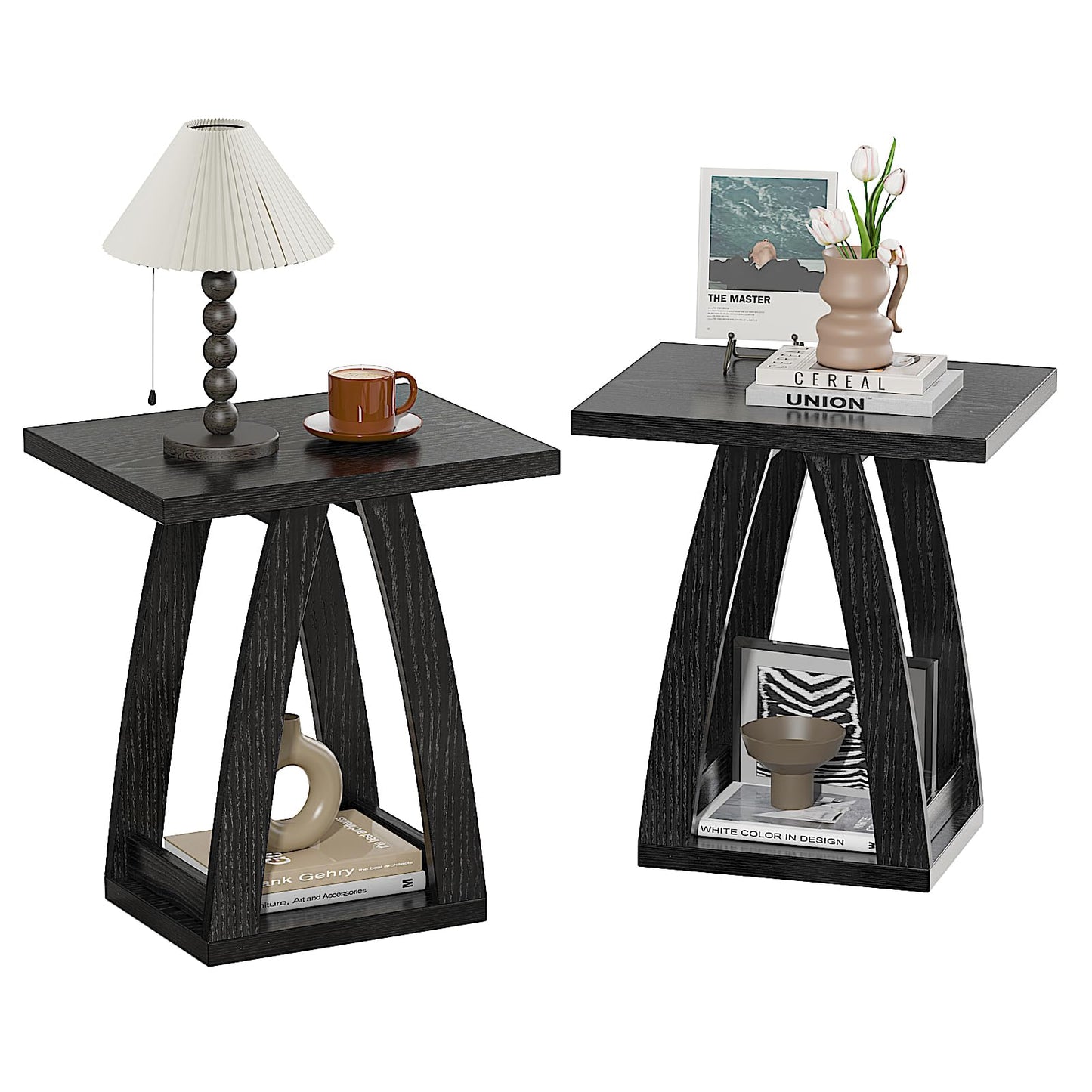 FROMJBEST End Tables Living Room, Side Table Beside Sofa, Nightstand for Bedroom, Couch Side Table with Shelf, Modern End Table for Living Room, Black End Table Set of 2