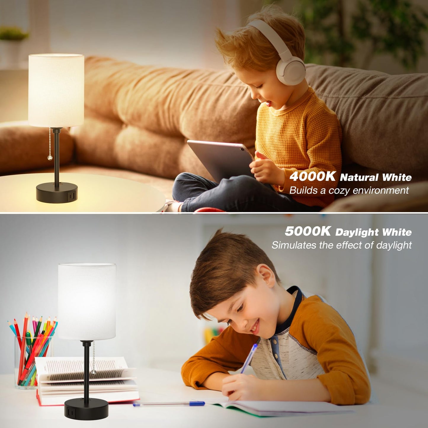 Small Bedside Table lamp for Bedroom - 3 Color Temperatures Bedside Lamps with USB C and A Ports, Pull Chain Table Lamps with AC Outlet, White Nightstand Lamps with Black Metal Base for Kids Reading