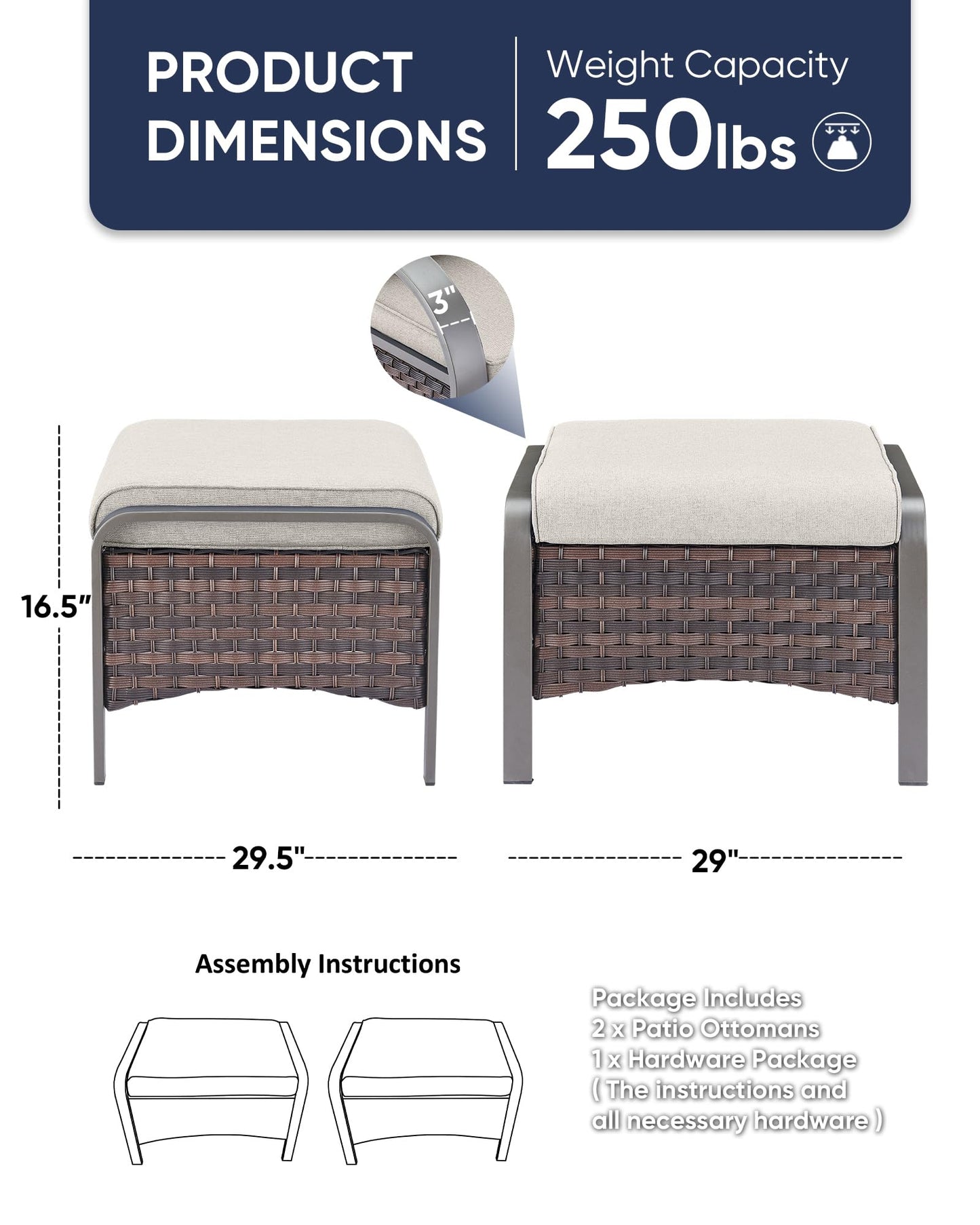 HUMMUH 2 Pieces Outdoor Wicker Ottomans-Outdoor Patio Ottoman with Removable Cushion Outdoor Footstool for Deck Lawn Porch Garden Backyard-Brown/Beige