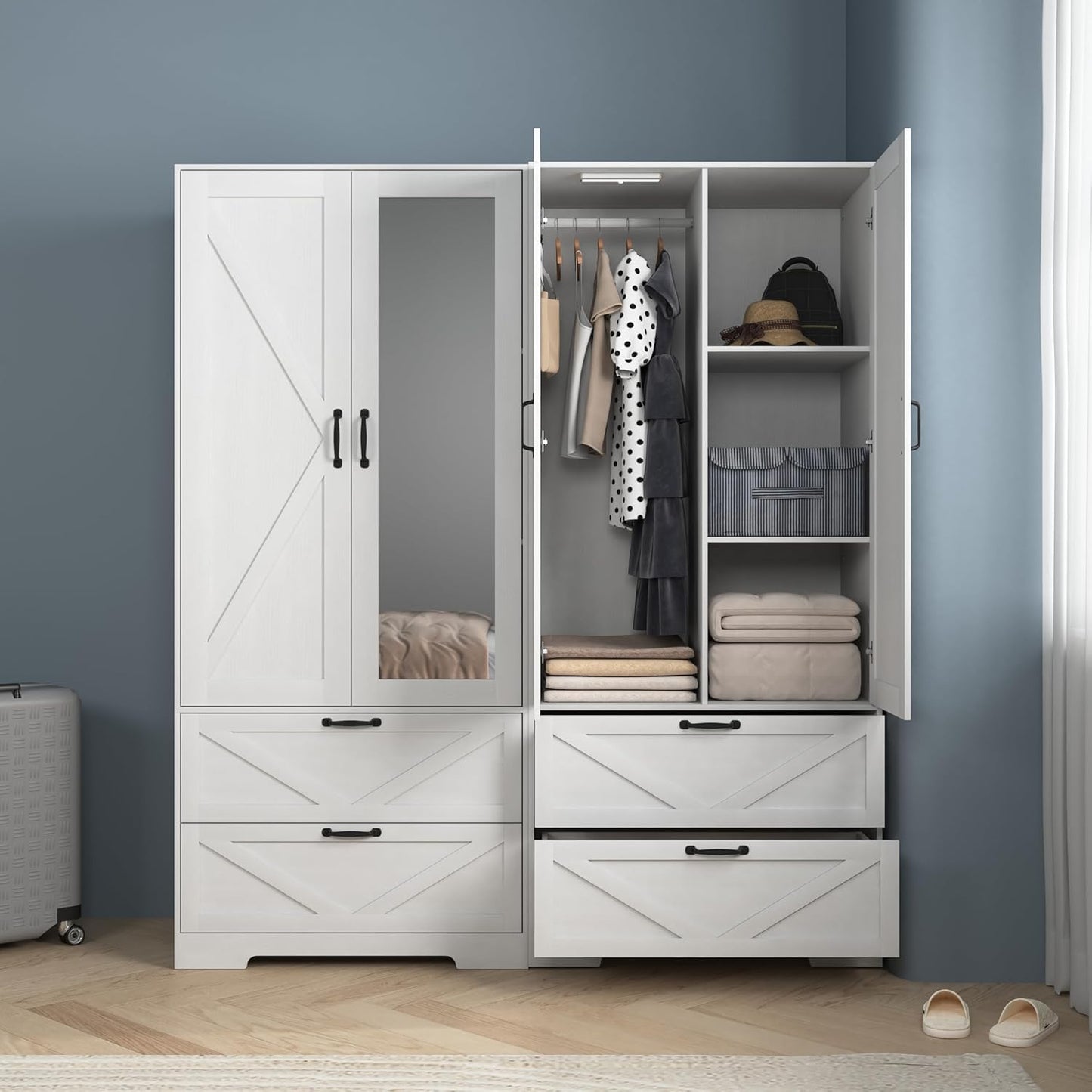 UZUGUL Armoire Wardrobe Closet with Mirror and 2 Drawers, 72'' Bedroom Armoire Wardrobe Cabinet with Hanging Rod and Light,Wooden Bedroom Closet with Adjustable Shelf