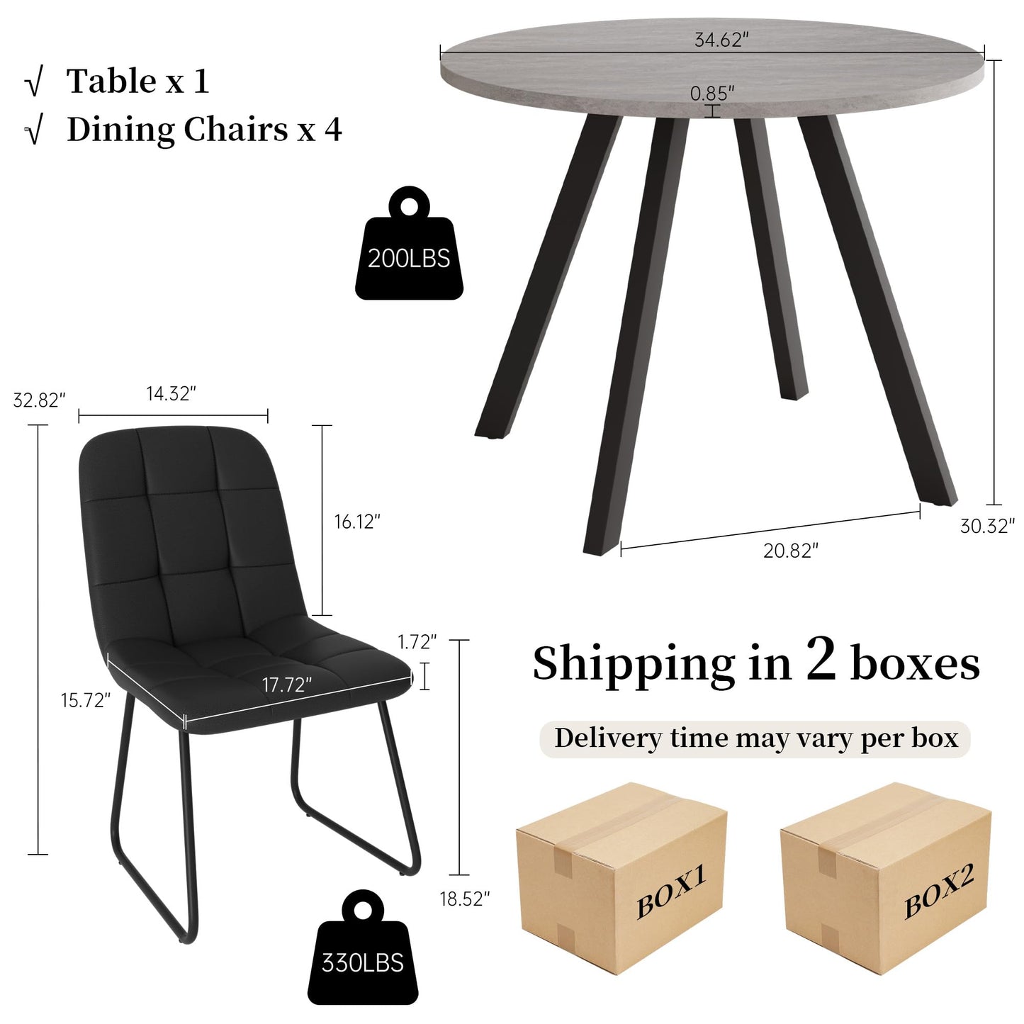 Zerifevni 34.6'' Dining Table and Chairs for 4, Mid Century Modern Round Table Set, Space Saving for Apartment Kitchen Dining Room (Grey Table+4 U-Shaped Black Chairs)