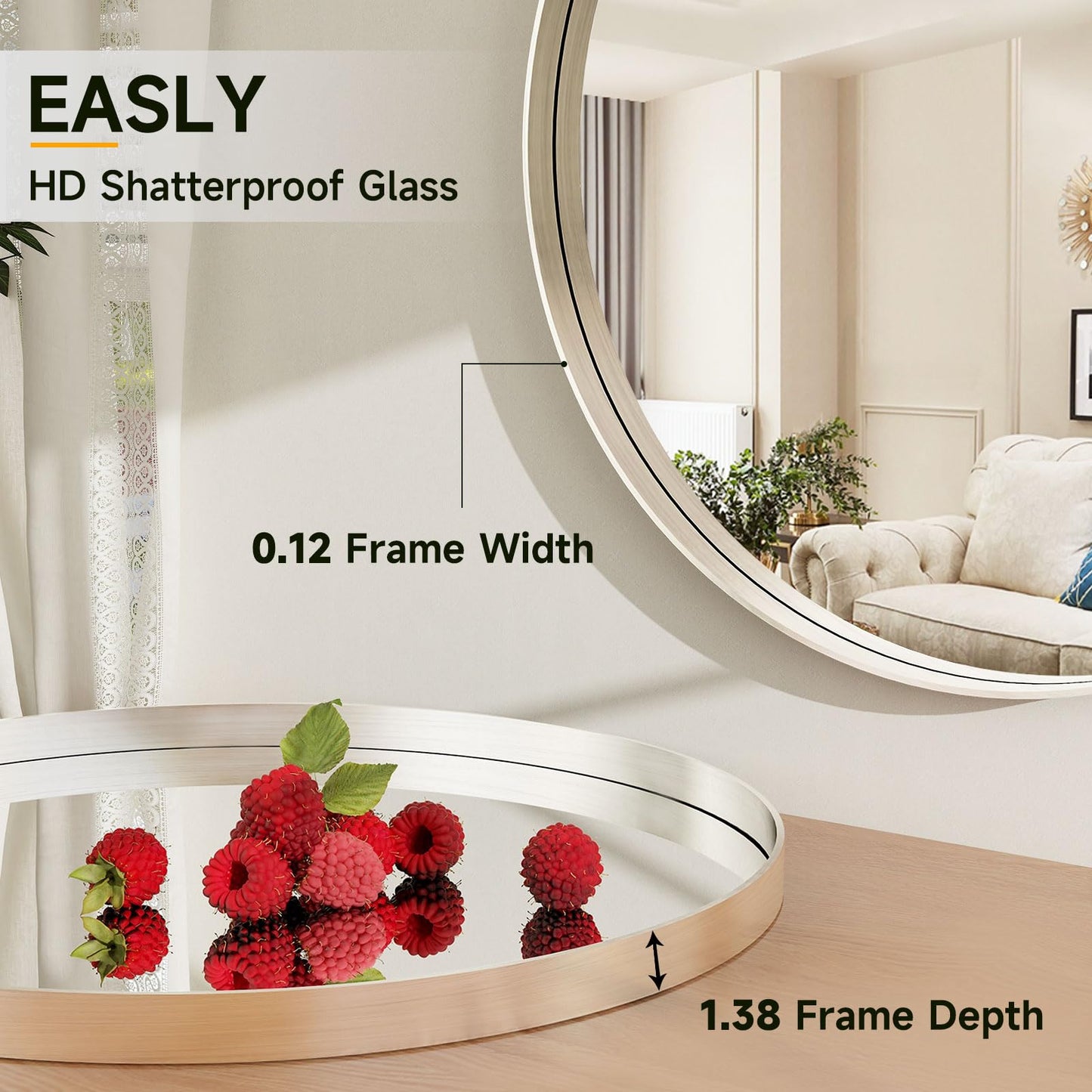 Easly 24 Inch Round Bathroom Mirror - Wall Mounted Circle Mirror with Metal Frame, Modern Mirror Suitable for Bathroom, Vanity, Entryway, Living Room, Wall Decor，Silver