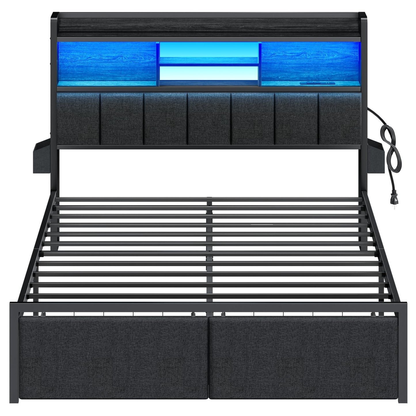 Furnulem Queen Bed Frame with Storage Drawers, Upholstered Headboard with Storage Shelf, LED Lights and Charging Station, Metal Platform Bed Frame Queen Size, Noise Free, No Box Spring Needed, Black