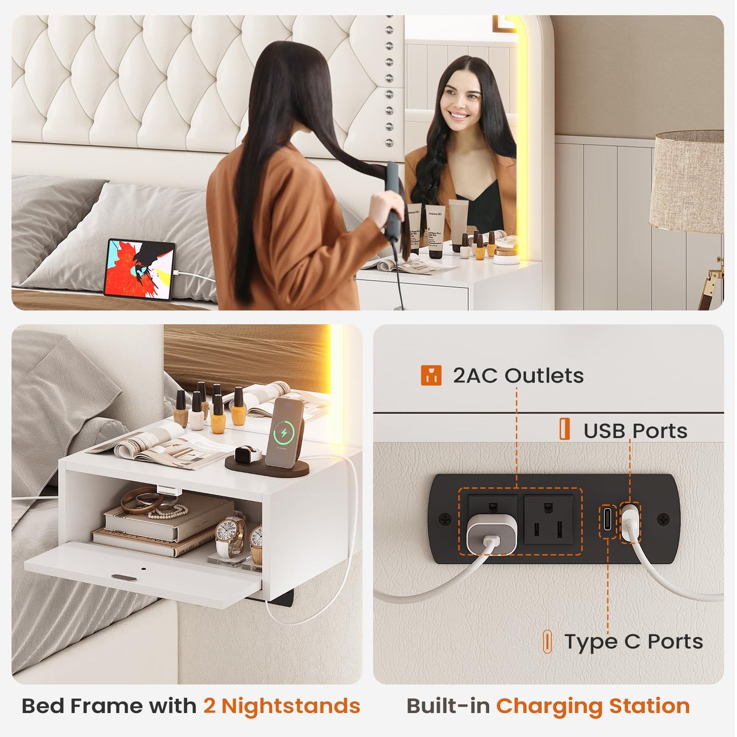 Itaar Queen Bed Frame with 53" Tall Headboard and 4 Storage Drawers, PU Leather Upholstered Platform Bed Frame, Built in Charging Station & Led, 2 Nightstands with Mirror, White