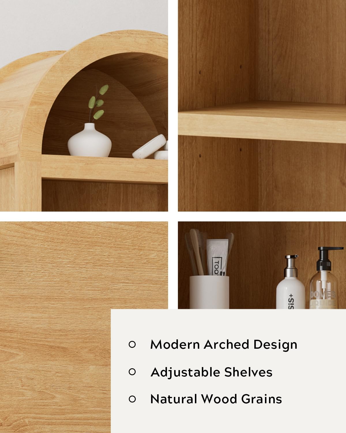 MoomJiee 67" Tall Arched Bathroom Storage Cabinet, 5 Tiers Arch Kitchen Pantry Cabinet with 1 Door and 1 Drawer, Farmhouse Arched Bookcase with 2 Adjustable Shelves for Bathroom, Kitchen, Natural Oak