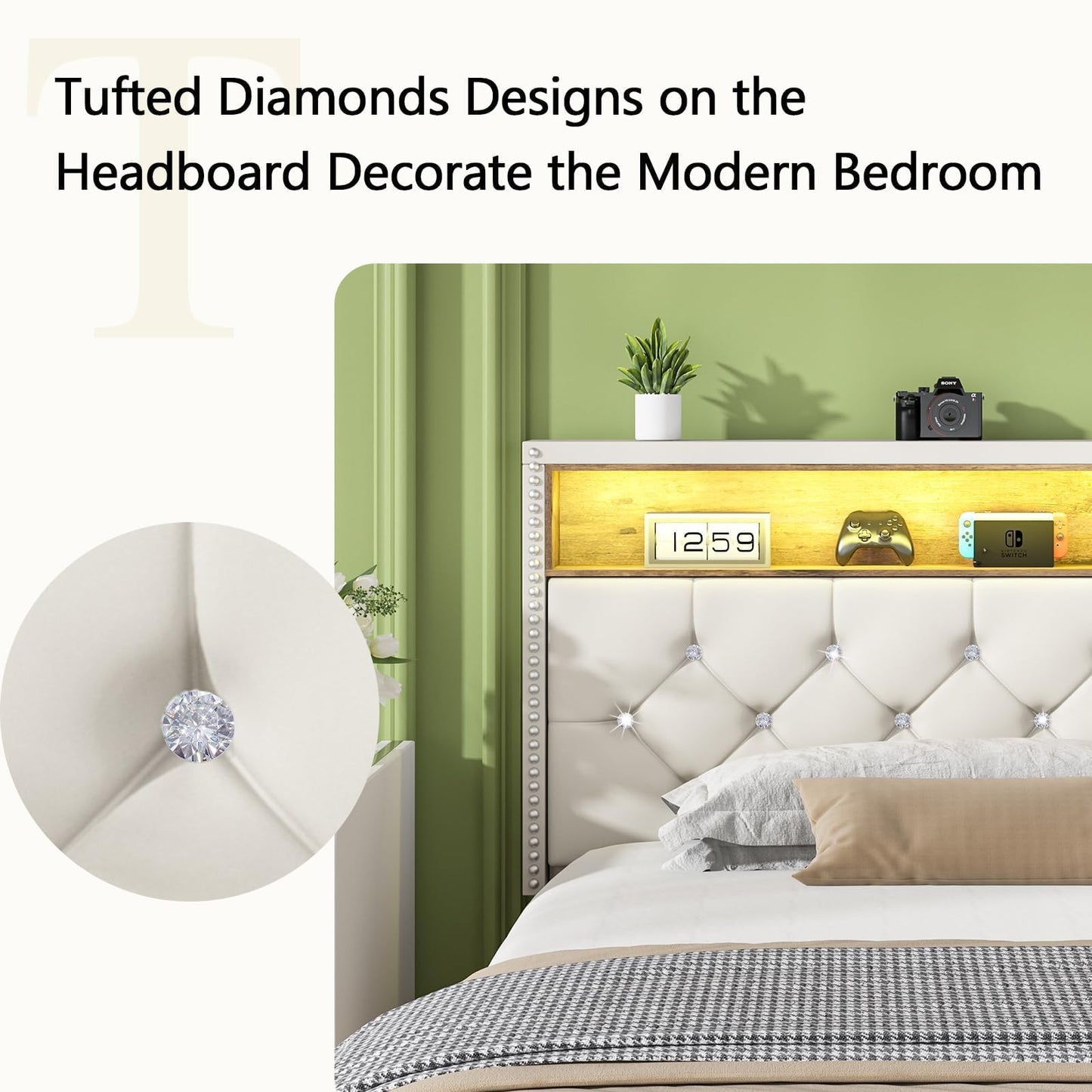 Queen Bed Frame with LED Lights, Velvet Upholstered Platform Bed with Storage Headboard and Charging Station, Queen Bed Frame with Diamond Design, Wood Slats Support, No Box Spring Needed, Beige
