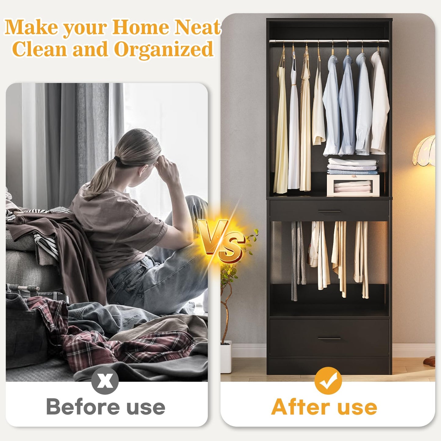 Homieasy Closet System Organizer with Hanging area, Pants Rack & Drawer – Expandable & Sturdy Modular Closet Storage Unit, Customizable Wardrobe Organizer for Bedroom or Walk-In Closet, Black