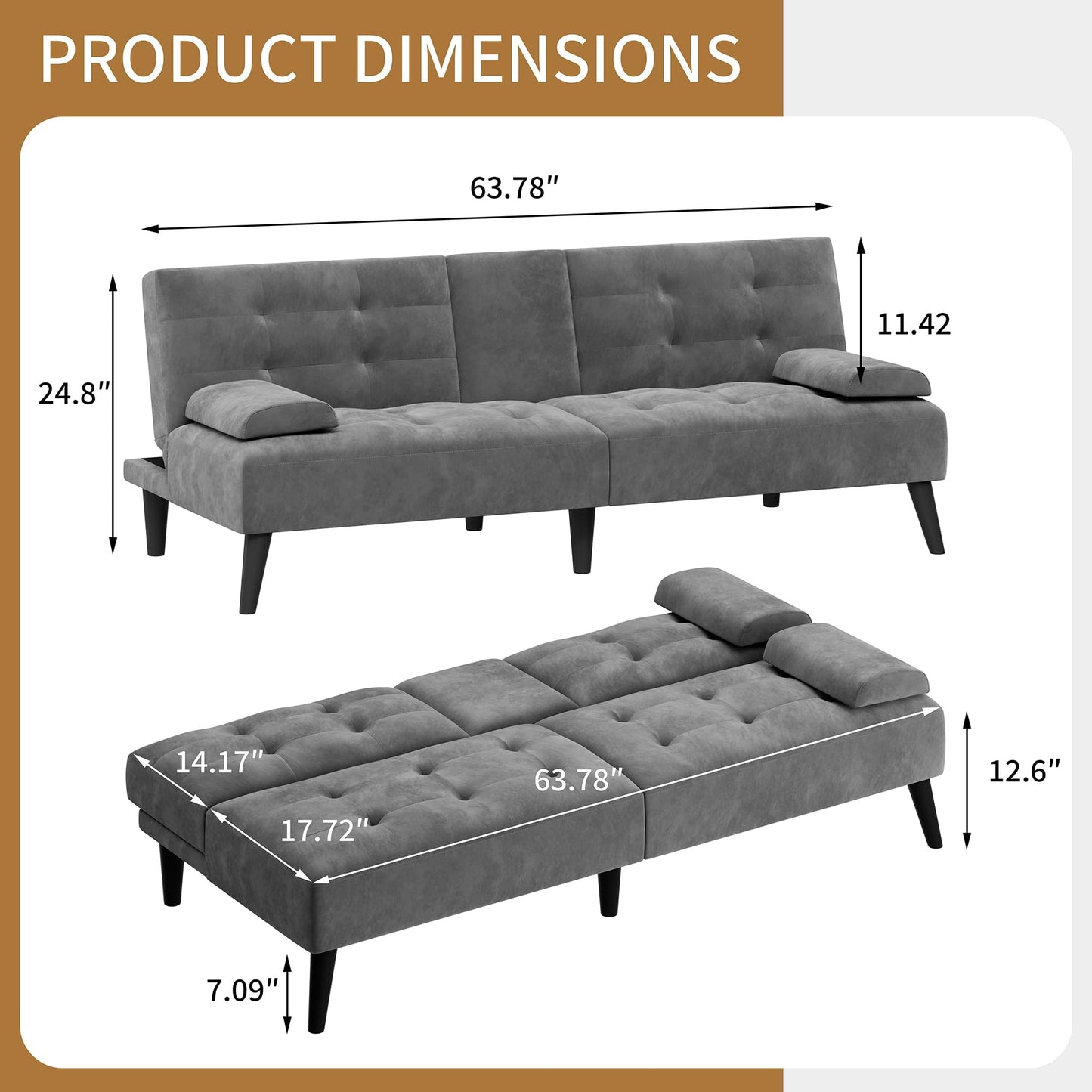 JAMFLY Sofa Bed Futon Couches, Modern Convertible Folding Loveseat - Multi-Functional Recliner with 3-Angle Adjustment, Detachable Armrests with Cup Holders - Ideal for Small Spaces, Dark Drey Velvet