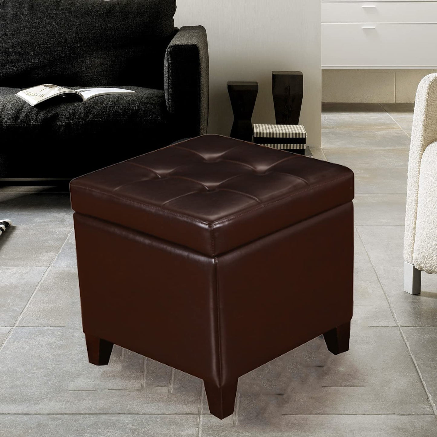 Decent Home Tufted Leather Square Storage Ottoman, Lift Top Cube Footstool with Hinged Lid Footrest with Wood Legs (Brown)