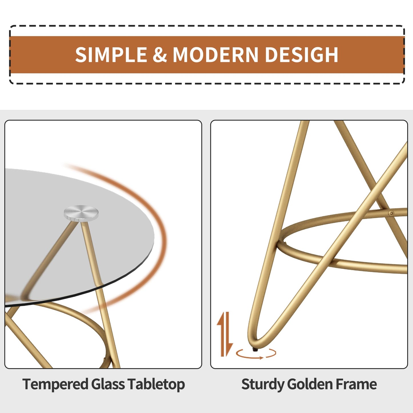 OIOG Round Coffee Table, Glass Coffee Table for Living Room, Bedroom, Home Office, Modern Coffee Table with Tempered Glass Tabletop, Gold