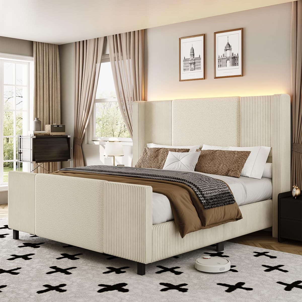 Lihimte 48" Tall Headboard Queen Bed Frame with LED Lights, Boucle and Corduroy Upholstered Bed Frame Queen with Wingback Headboard and Footboard, No Box Spring Needed, Noiseless, Easy Assembly, Beige