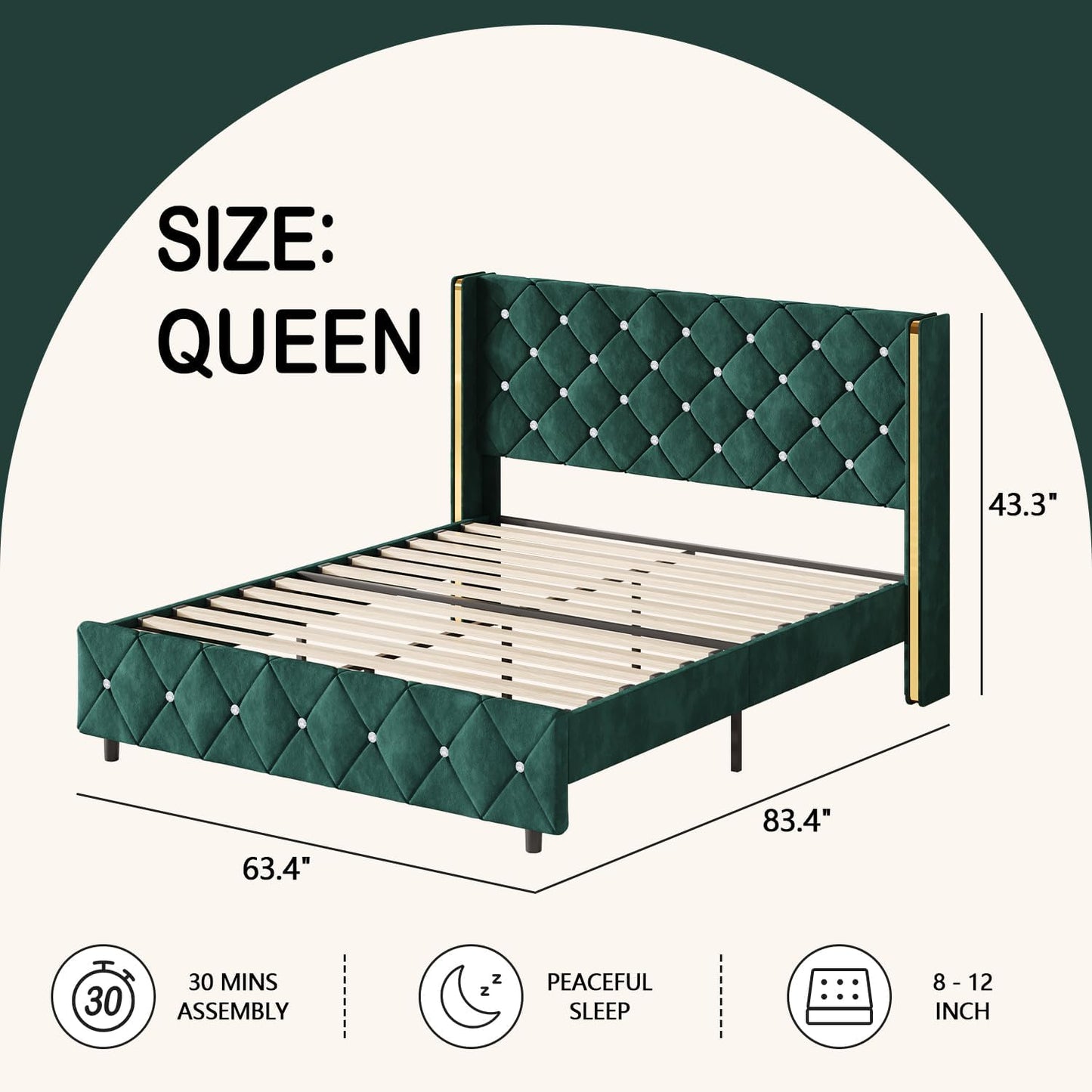 HOMBCK Queen Size Bed Frame with Headboard, Velvet Upholstered Platform Bed Frame Queen with Wingback and Diamond Headboard, Wood Slat Support, No Box Spring Needed, Easy Assembly, Green