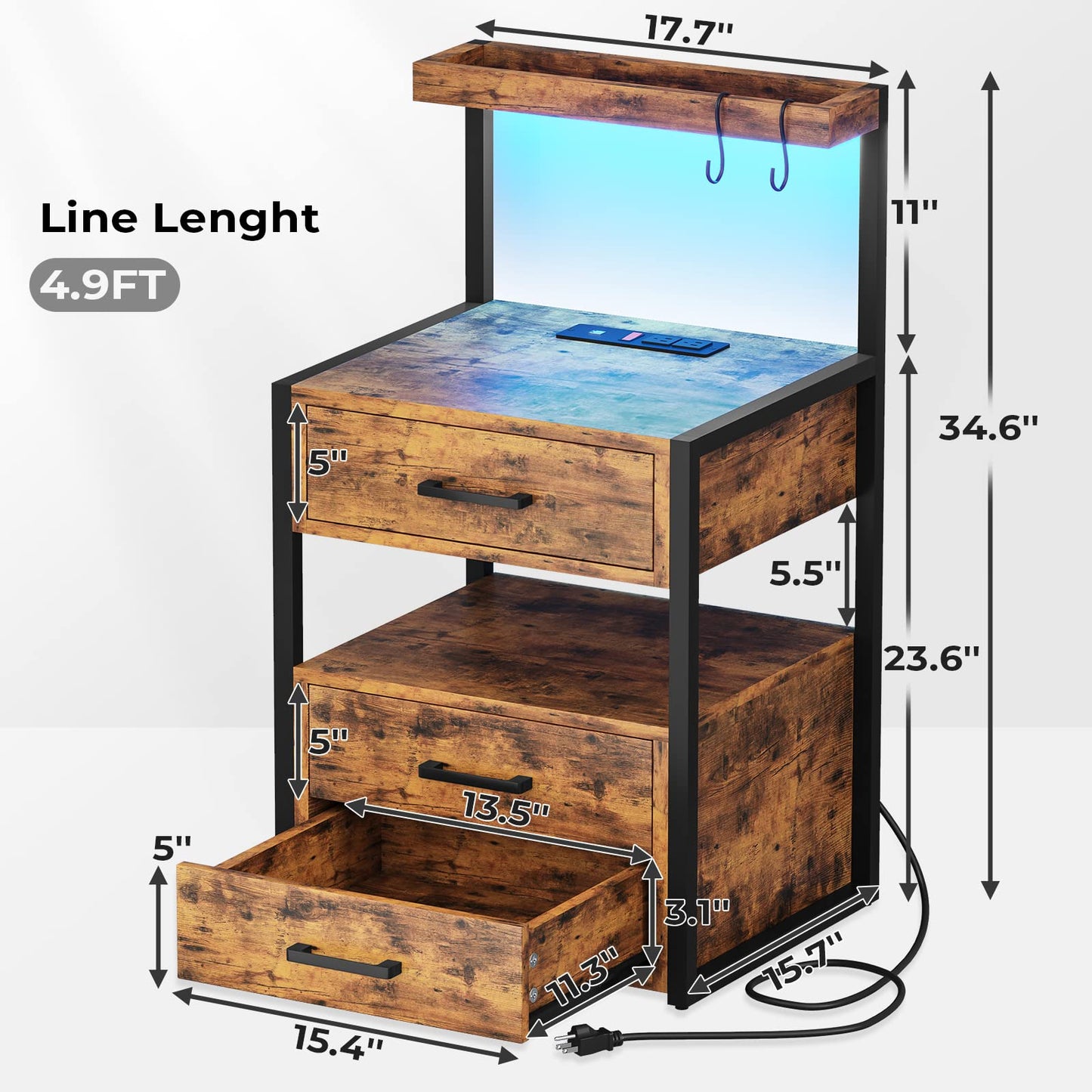 AOGLLATI Nightstand Set of 2 with Charging Station and LED Lights, Bedside Table with 3 Drawers and Open Storage Shelves, 2 USB Ports and 2 AC Outlets, LED Night Stand for Bedroom, Rustic Brown