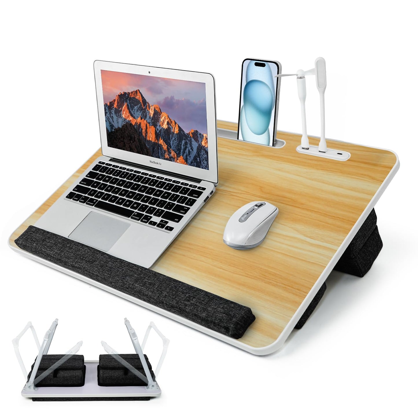 iXTRA Lap Desk for Laptop with Cushion,Folding Laptop Desk for Bed with USB,Bed Desk,Portable Computer Lap Desk,23.62"*15.74",Wood