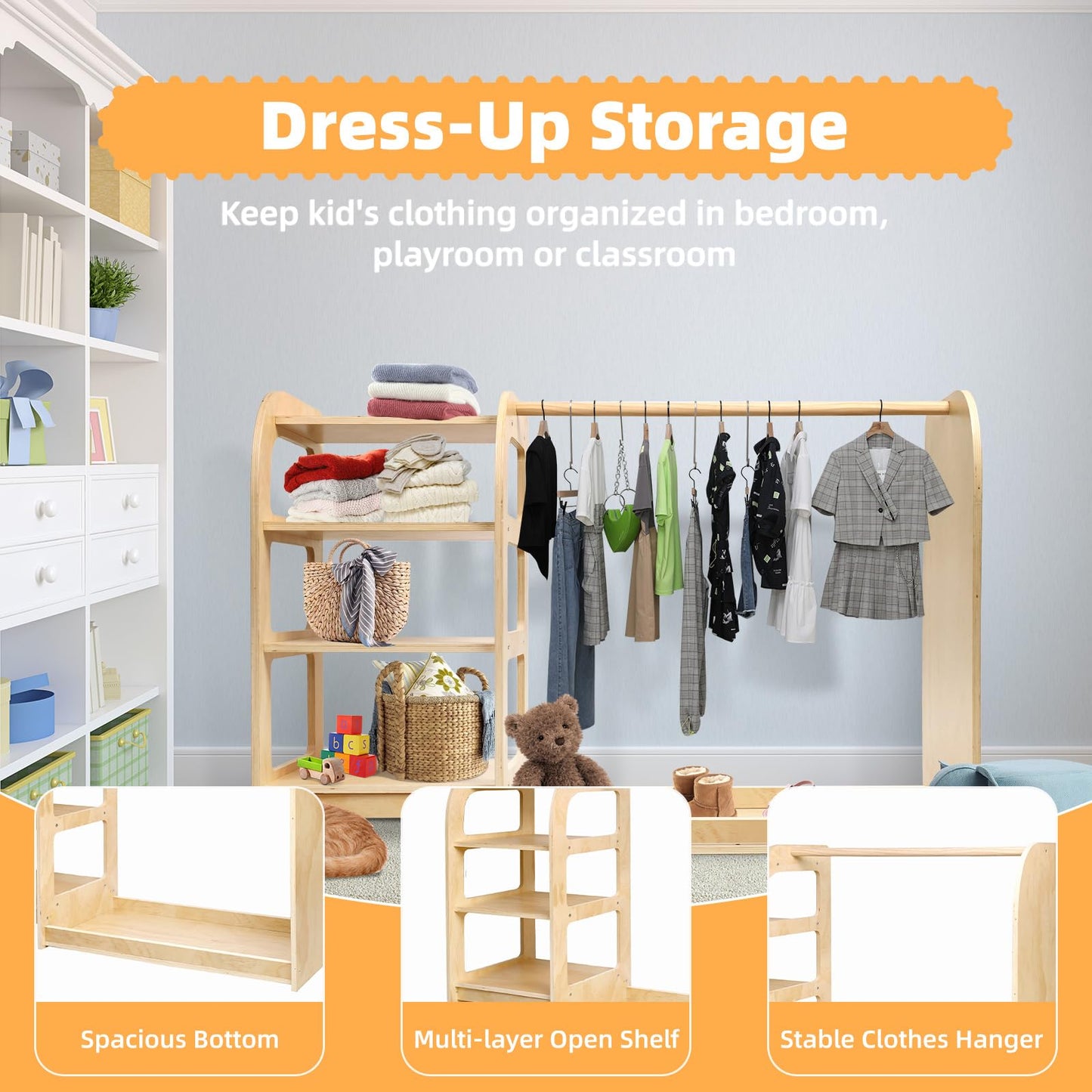 Kids' Dress Up Storage Closet with Mirror, 31.5 Inch Kids Wardrobe Closet with Shelves for Girls and Boys, Wooden Costume Organizer for Bedroom, Classroom, Playroom