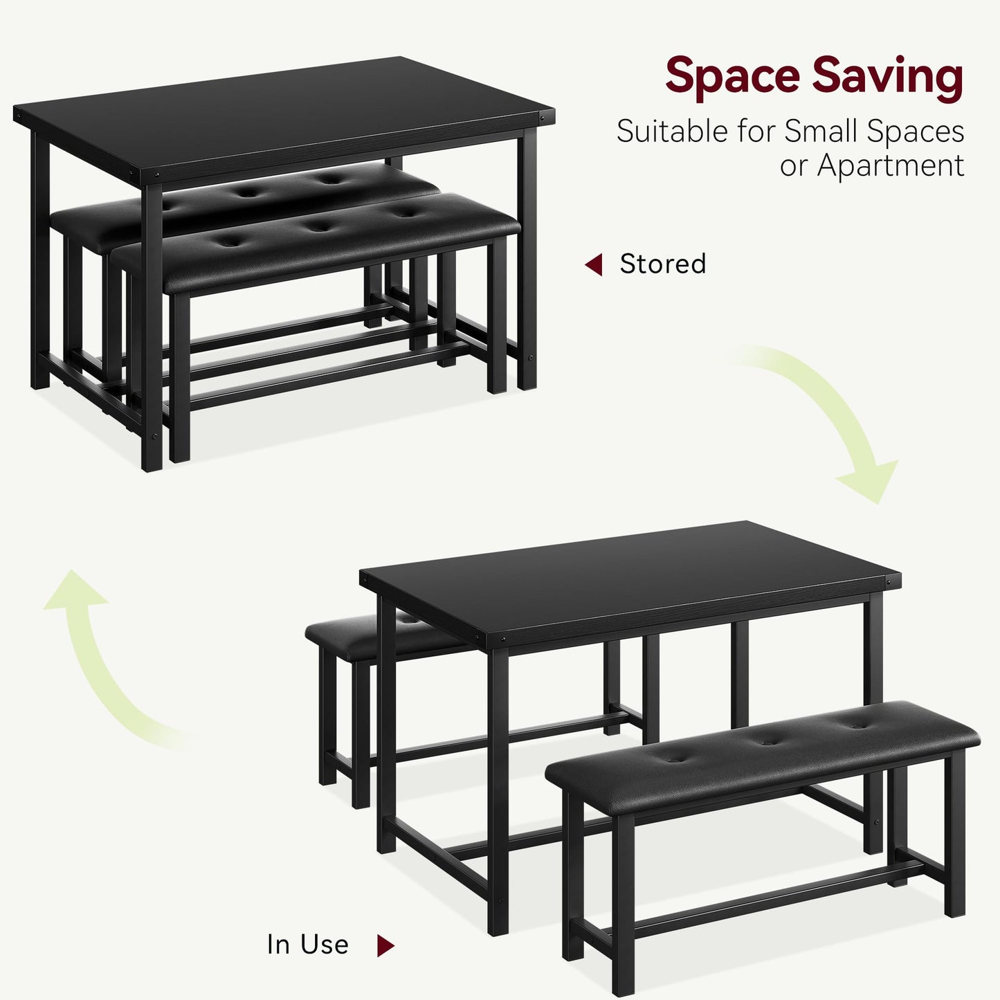 IDEALHOUSE Dining Table Set for 4, Kitchen Table with Upholstered Bench, 3 Piece Rectangular Dining Room Table Set with 2 Benches, for Small Space, Apartment, Studio, Home, Retro Black
