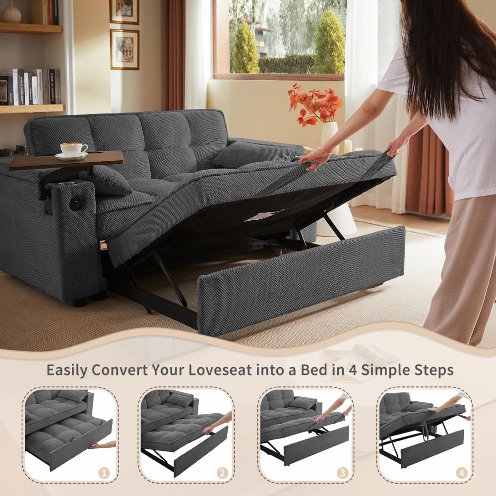 oaaktu ﻿ Large Size Convertible Sleeper Sofa Bed,Polka dot Velvet Pull Out Futon Couch with Storage handrails & Rotating Side Tables,Convertible Sofa Couch for Living Room,RV (Dark Grey)