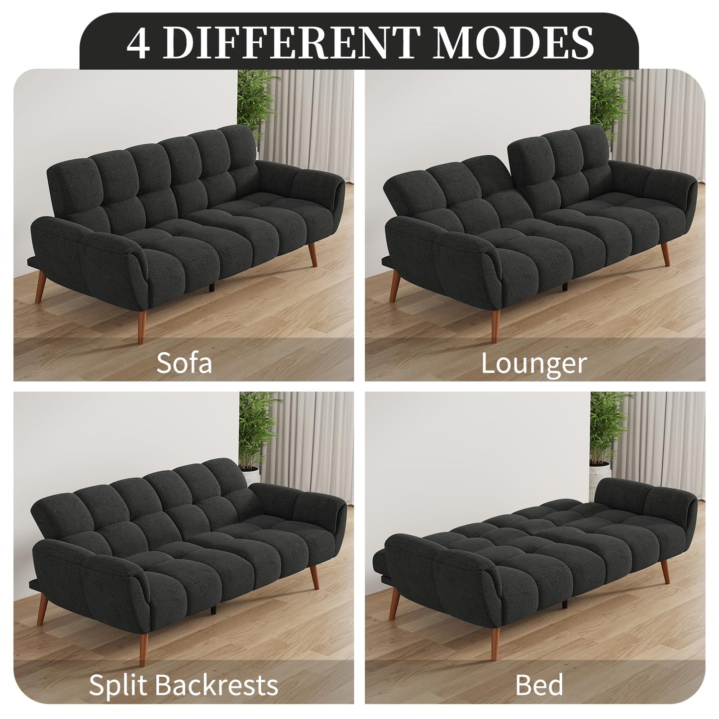 saows Futon Sofa Bed, Convertible 77" Modern Linen Futon Couch, Comfy Sleeper Sofa with Adjustable Backrests, Couch Bed for Small Spaces, Living Room, Bedroom, Apartment, Dark Gray