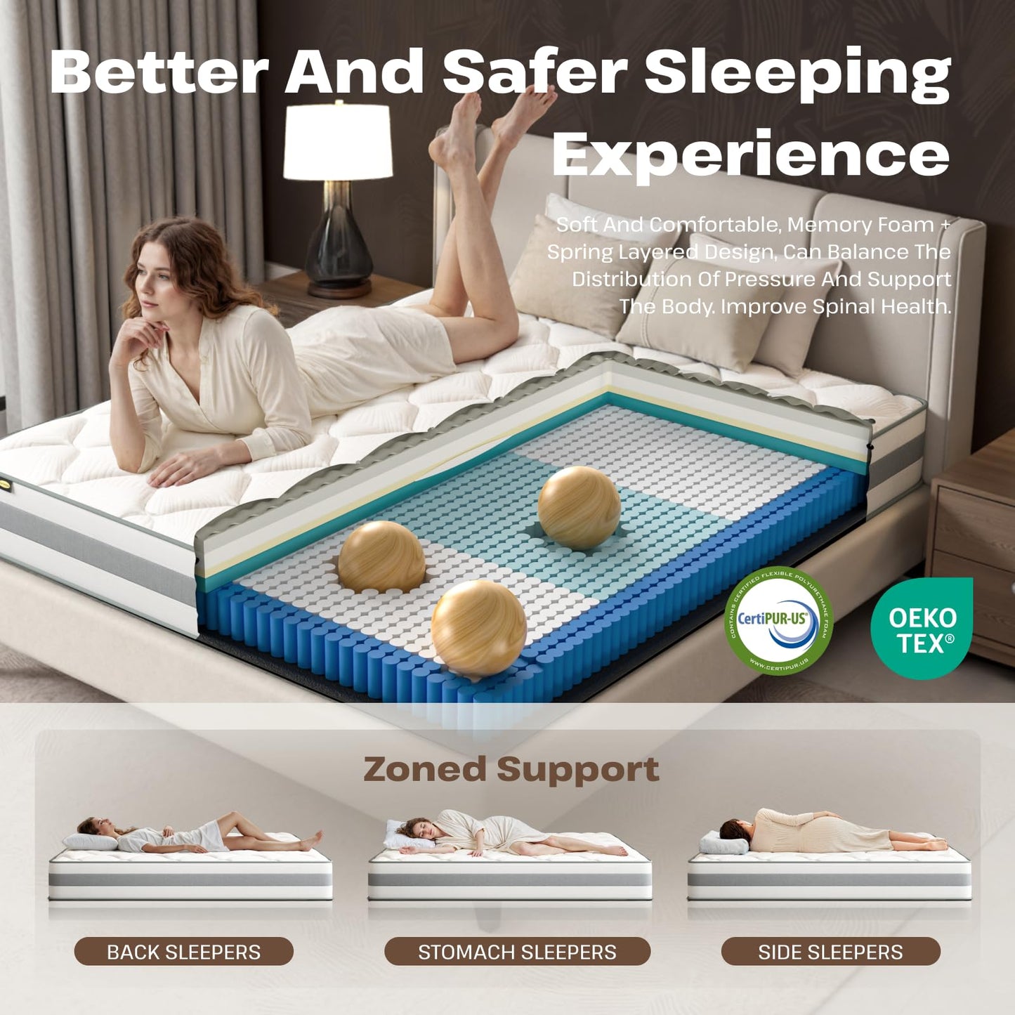 OUTIGO 12 Inch King Size Mattress - Memory Foam Hybrid Mattress Individual Pocket Springs - Medium Firm - CertiPUR-US - 76 x 80 x 12 inches