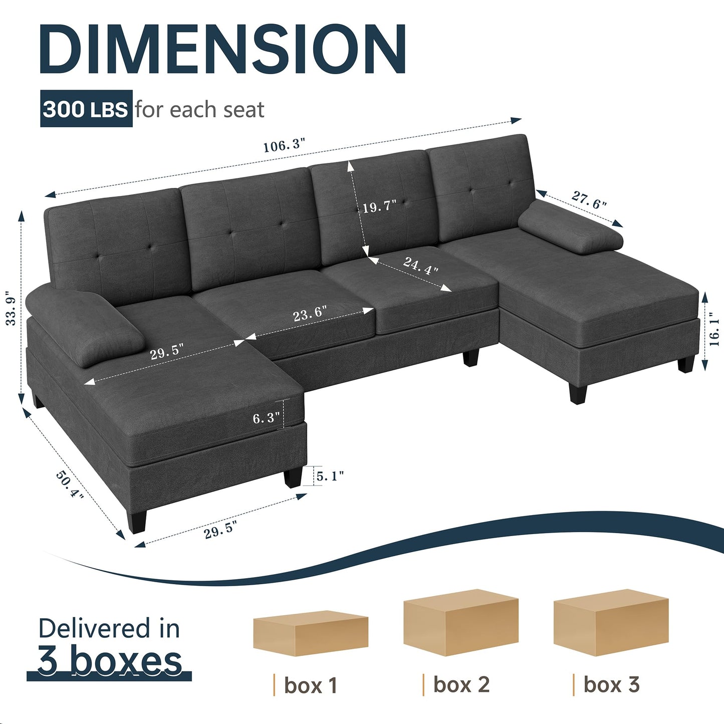 Meilocar Sectional Couches for Living Room, 106 in U Shaped Couch Soft Sectional Sofa with Double Chaise, Comfortable Fabric 4 Seat Sofa Couch for Apartment (Black)